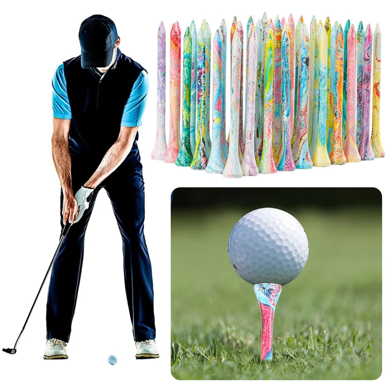 Premium-Golf-Tees, 50 Stück Holz-Golf-Tees, bunt, 70 mm x 12 , Training