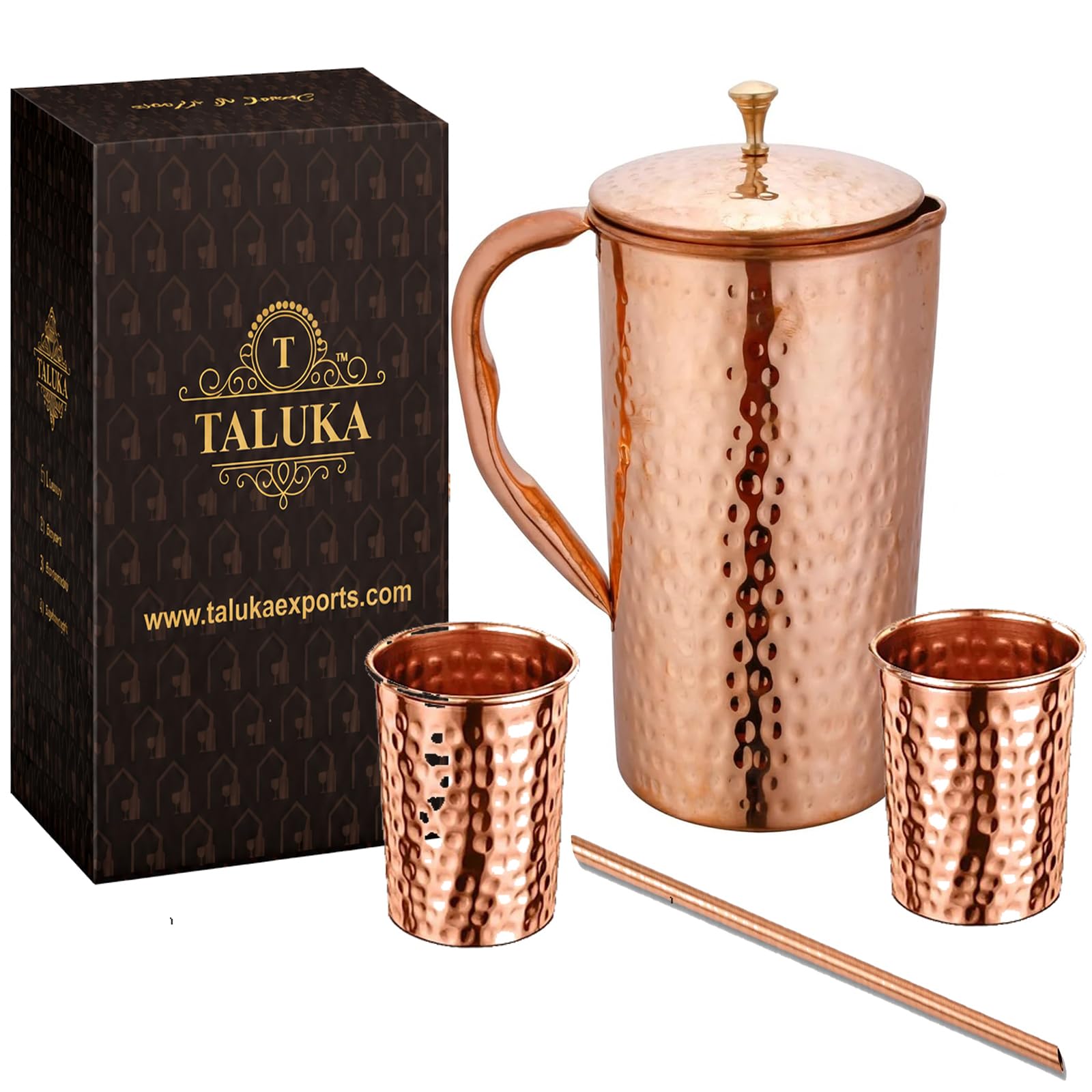 Taluka Pure Copper Hammered Water Jug/Pitcher with 2 Hammered Glass/Tumblers & 1 Straw Capacity 70 OZ/2000 ML/2L for Home Restaurant Hotels Gifting Ayurveda Health Benefits