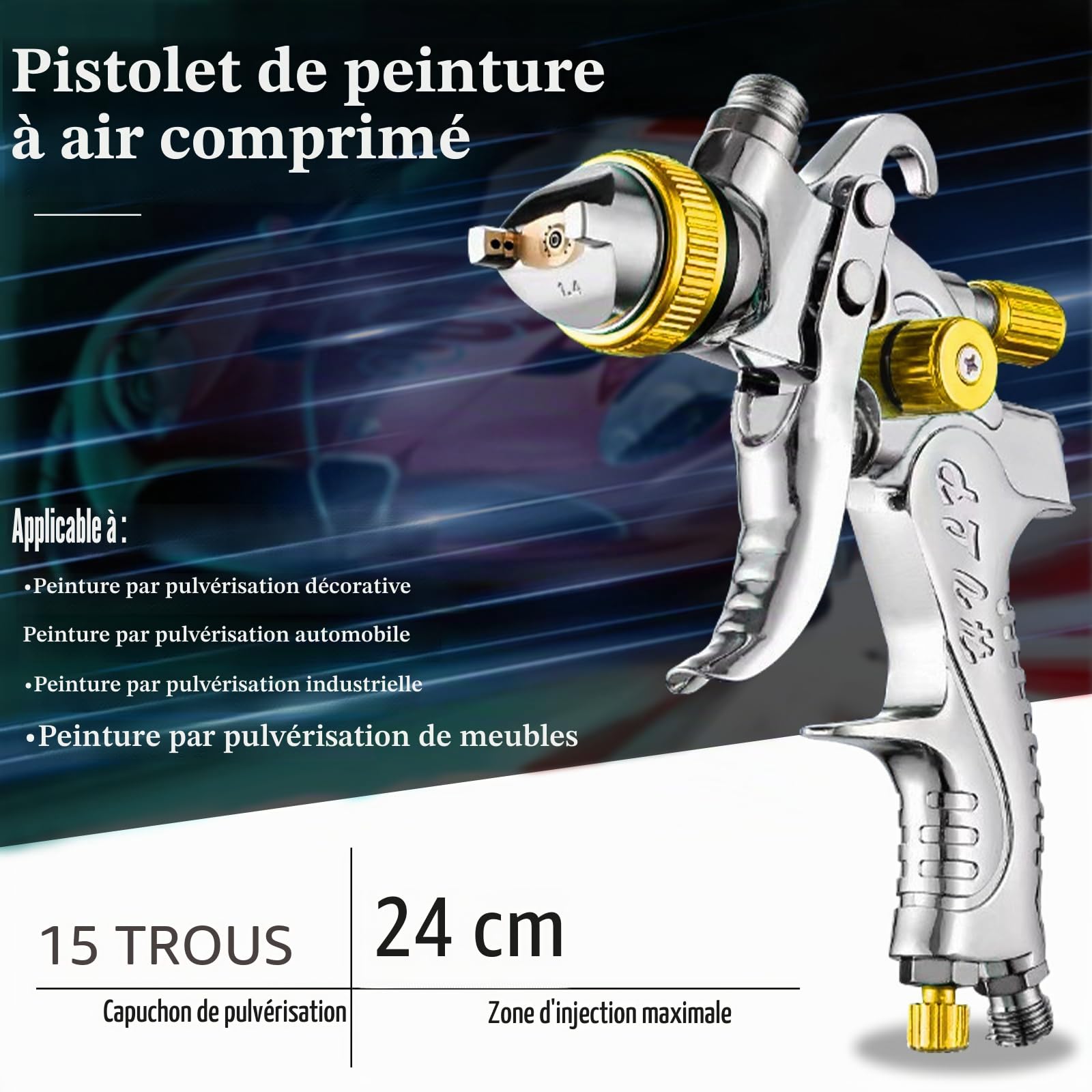 HVLP Kit Pistolet à Peinture Professionnel avec 4 Buses – 1,4 mm, 1,7 mm, 2,0 mm et 2,5 mm, Pistolet à Peinture Professionnel à air comprimé avec gobelet en Plastique de 600 ML (Jaune)
