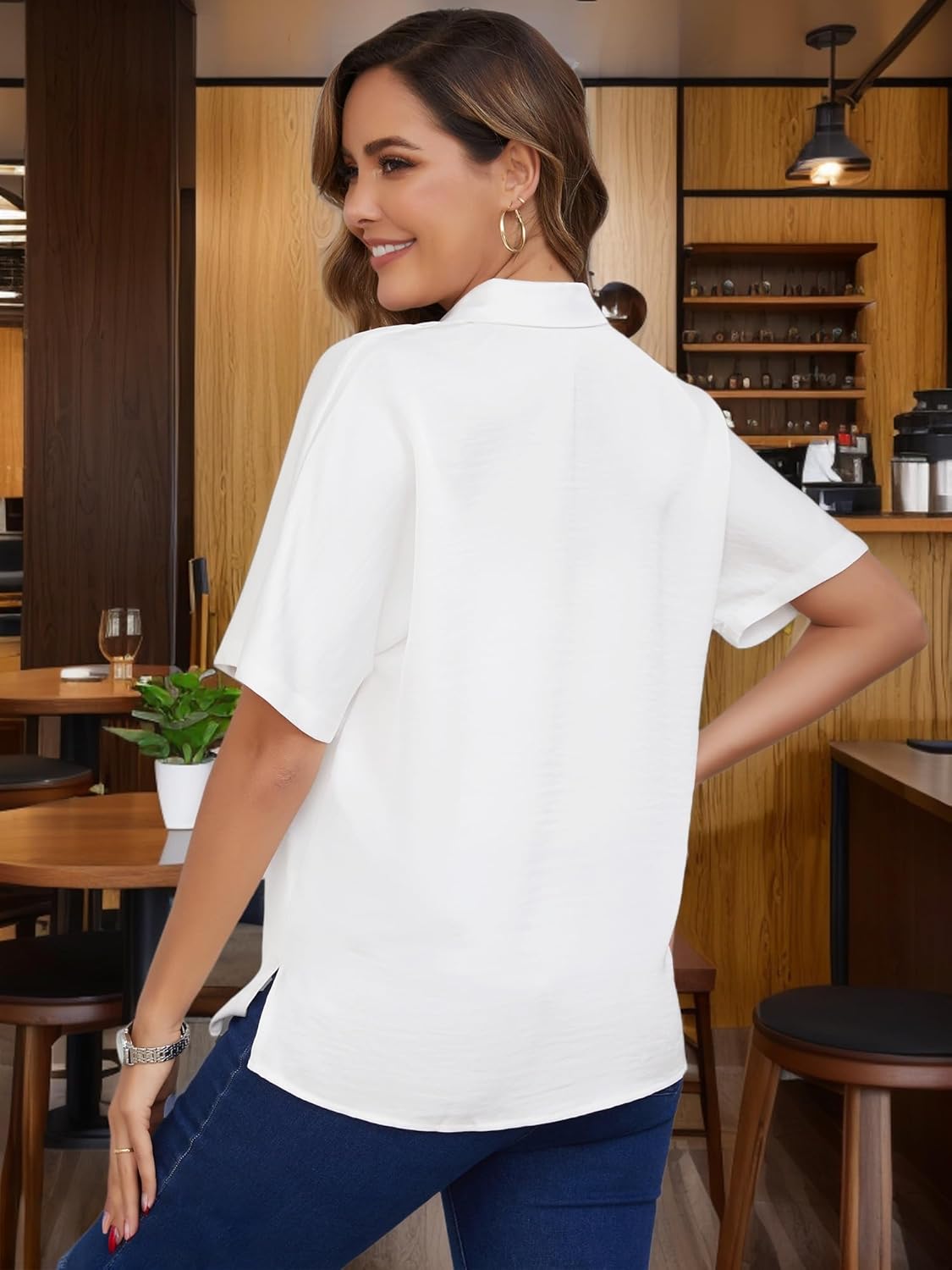 Womens Button Down Maternity Shirts Work Business Collared Short Sleeve Satin Loose Tops Pregnancy Blouses