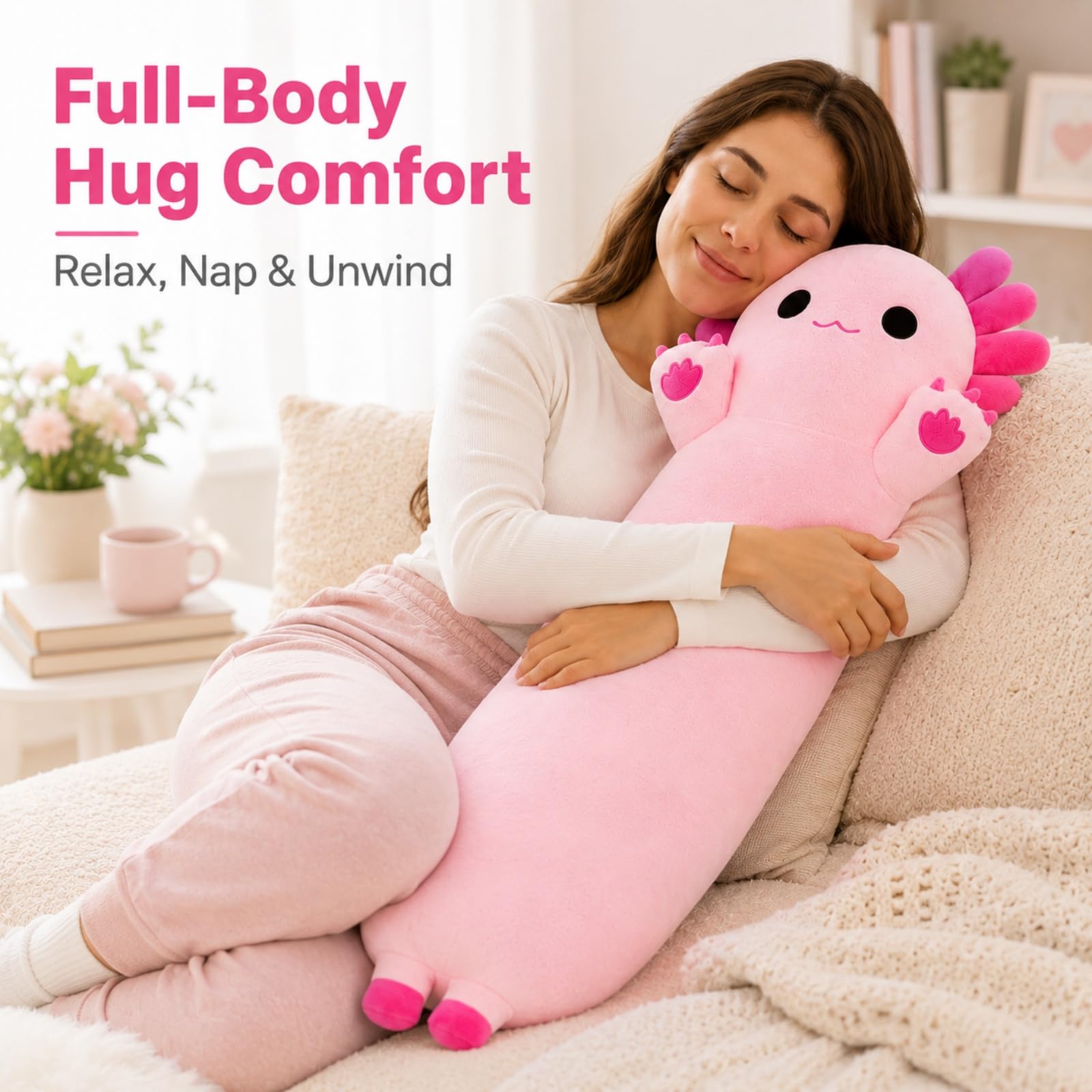 SNOWOLF Gefüllte Axolotl Lange Kissen Plüsch Tier Spielzeug Weiche Kawaii Stuff Kuscheltier Spielzeug Entzückende Umarmung Kissen für Kinder (90cm, rosa)