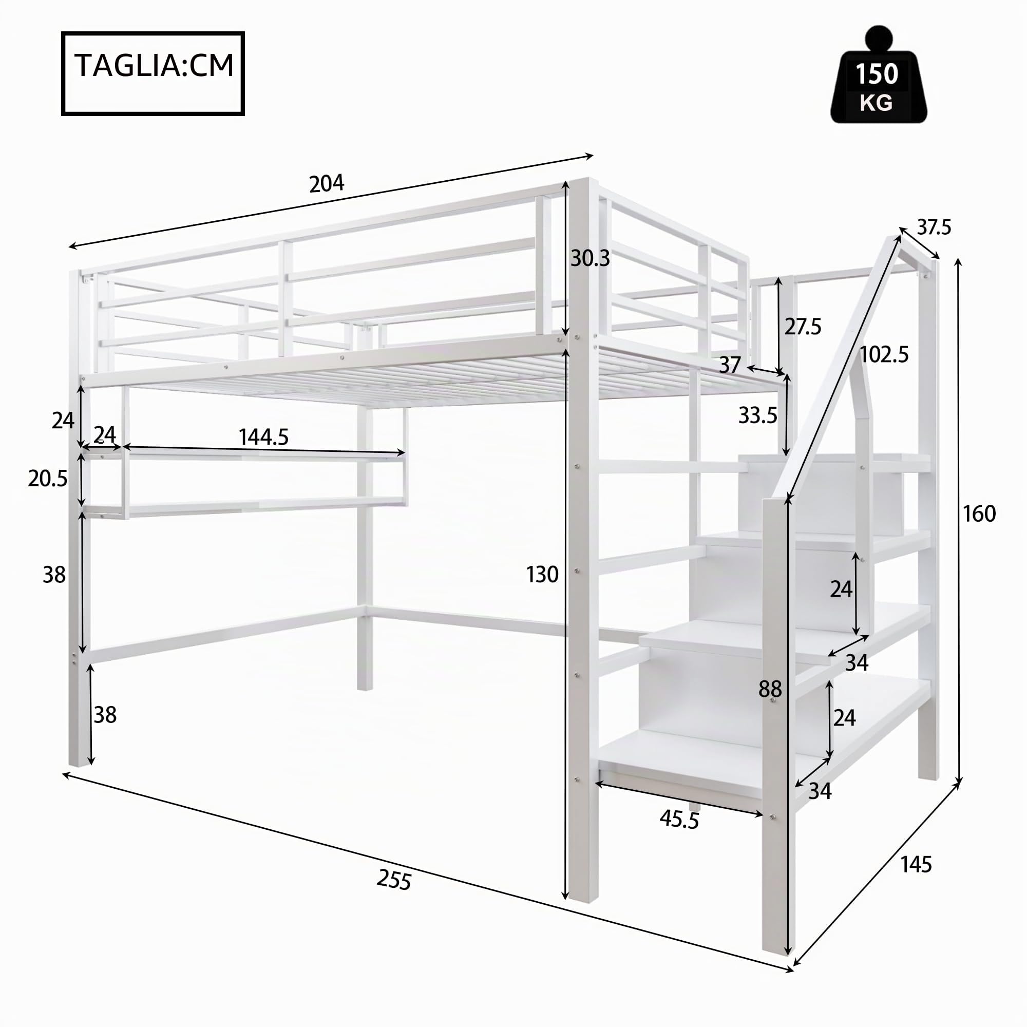 Letto per bambini a soppalco 140 x 200 cm, letto in metallo/ferro con protezione anticaduta e rete a doghe, scala di sicurezza con ripiano, letto a castello letto per ragazzi letto funzionale con