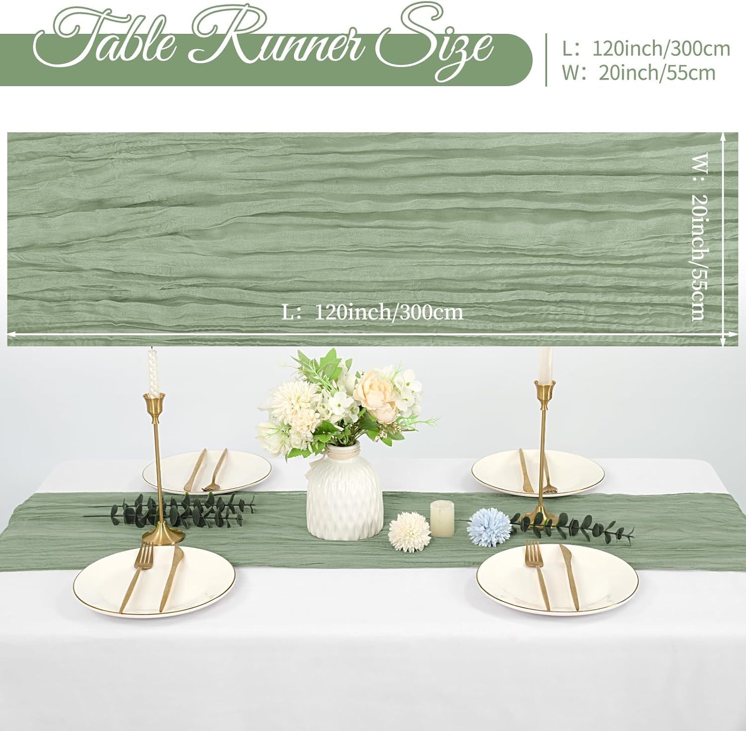 20 Pack Cheesecloth Table Runner 20 x 120 inch Long Boho Gauze Table Runners 10FT Semi Sheer Table Runner for Wedding Decor, Baby Shower, Birthday Party, Banquet (Sage Green)