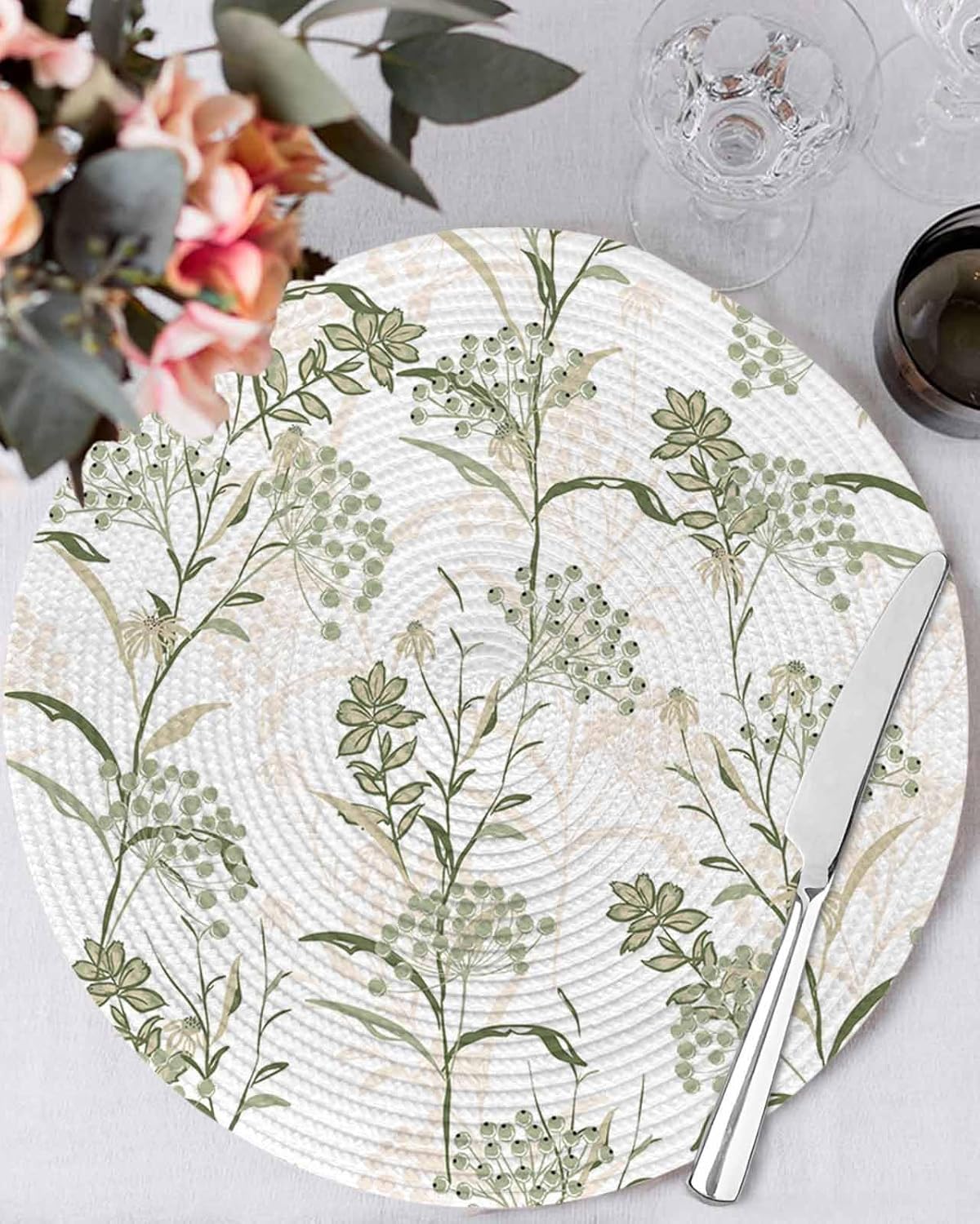 Round Placemats Set of 8 Spring Floral Place Mats Washable Woven Placemat Sage Green Berry Fruit Leaves Plant Circle Braided Heat Resistant Table Mat for Kitchen Dining Table Party Decor 15 Inch