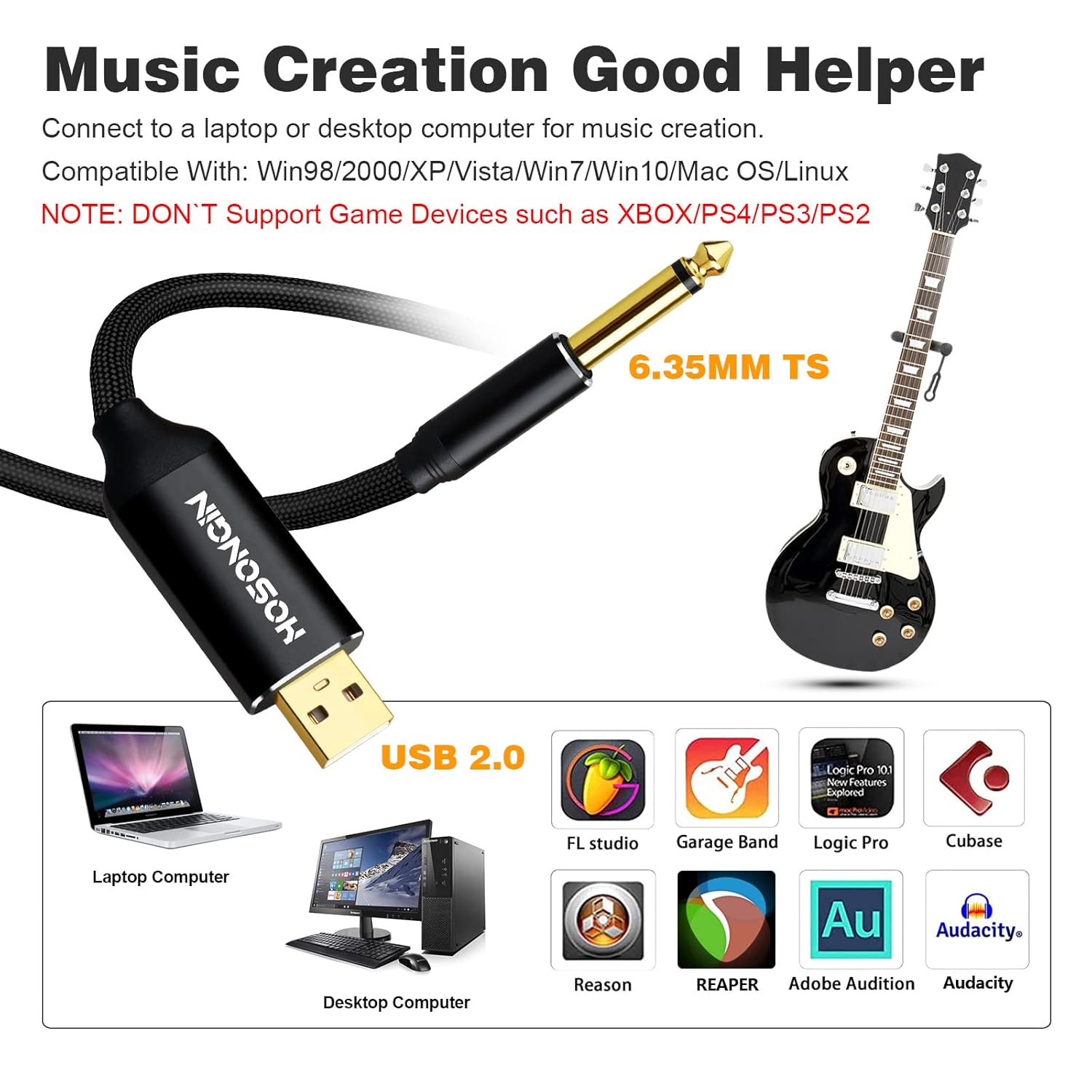 HOSONGIN [Upgraded Version] USB Guitar Cable, Guitar 1/4 Inch TS to Computer USB Interface Cable Adapter for Instruments Recording Singing, Premium Braided Shielding Cable, Length 10FT