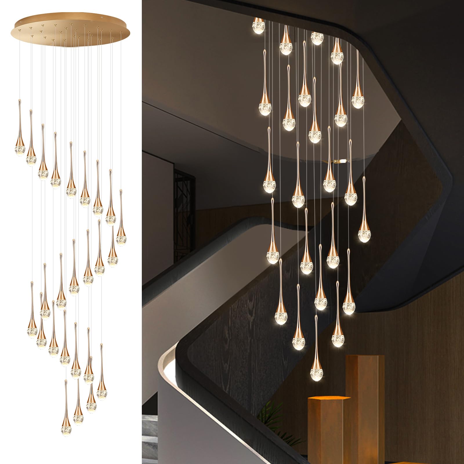 PCXEHUYP Modern Large Water Droplet Crystal Chandelier for Staircases Duplex Villas Adjustable Ceiling Lights (25 Lights)