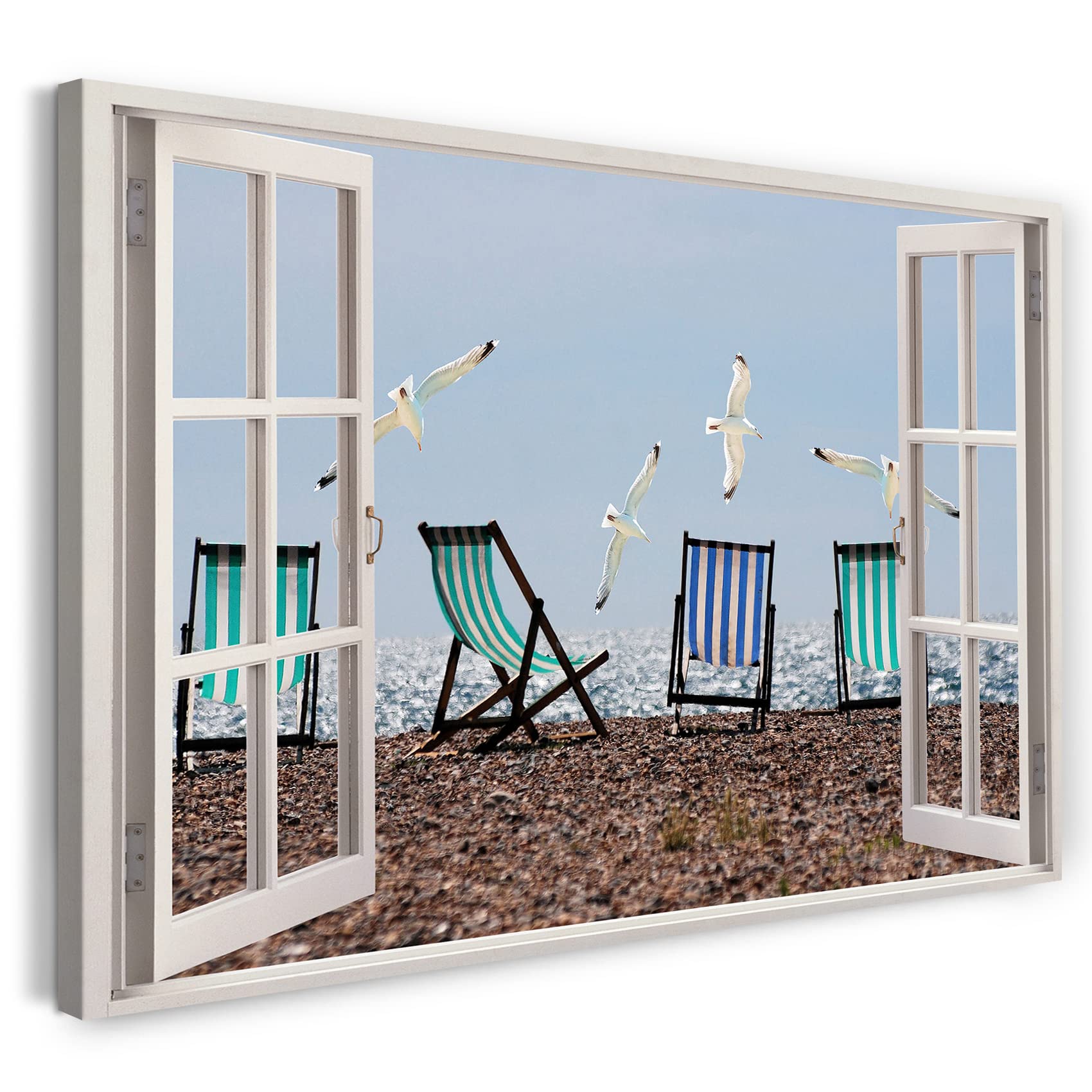 Print on Canvas (60x40 cm) view from the window - deck chairs on the seashore seagulls beach holiday - nature photography, real wood frame with hook