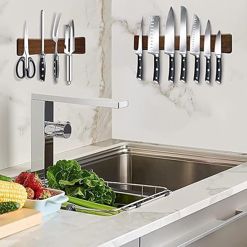 Vista 12 de HOSHANHO Tira magnética para cuchillos, poderosas tiras magnéticas de madera de acacia, soporte magnético para cuchillos para pared, 10 pulgadas