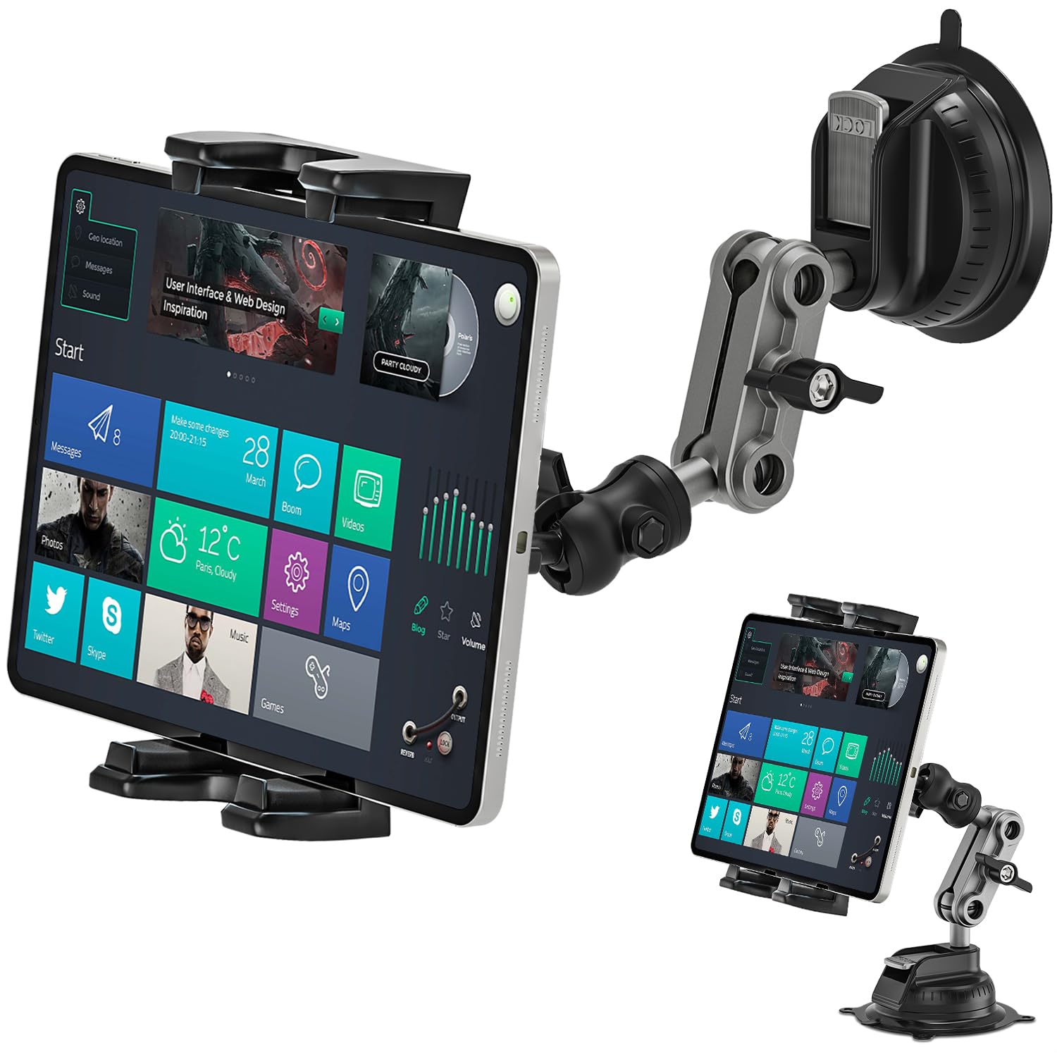 Asaiy Soporte Tablet Coche, Rotación 360°, Montura con Ventosa para Parabrisas y Salpicadero, para Coche, Pared y Escritorio, Compatible con iPad/iPhone, Smartphones y Tablets de 4,7'' a 12,9''