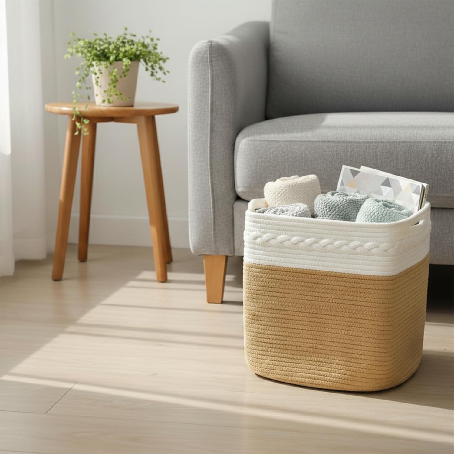 danpinera 3-Pack Cube Storage Bins, 13"x13" Cotton Rope Woven Baskets for Organizing, Square Storage Baskets for Shelves, Books, Towels, Clothes, Toys, White & Khaki