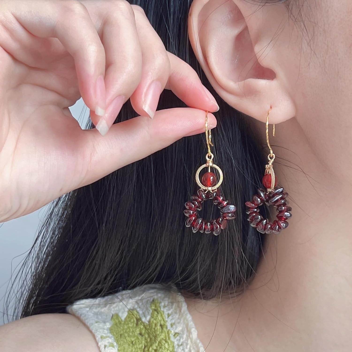 Raw Natural Garnets Chips Earrings, January Birthstone Hook Earrings, Red Crystal Gemstone Dangle Drop Ear Jewelry Hooks, Handmade Energy Healing Crystals Gift for Her (S925 with Gold Plated)