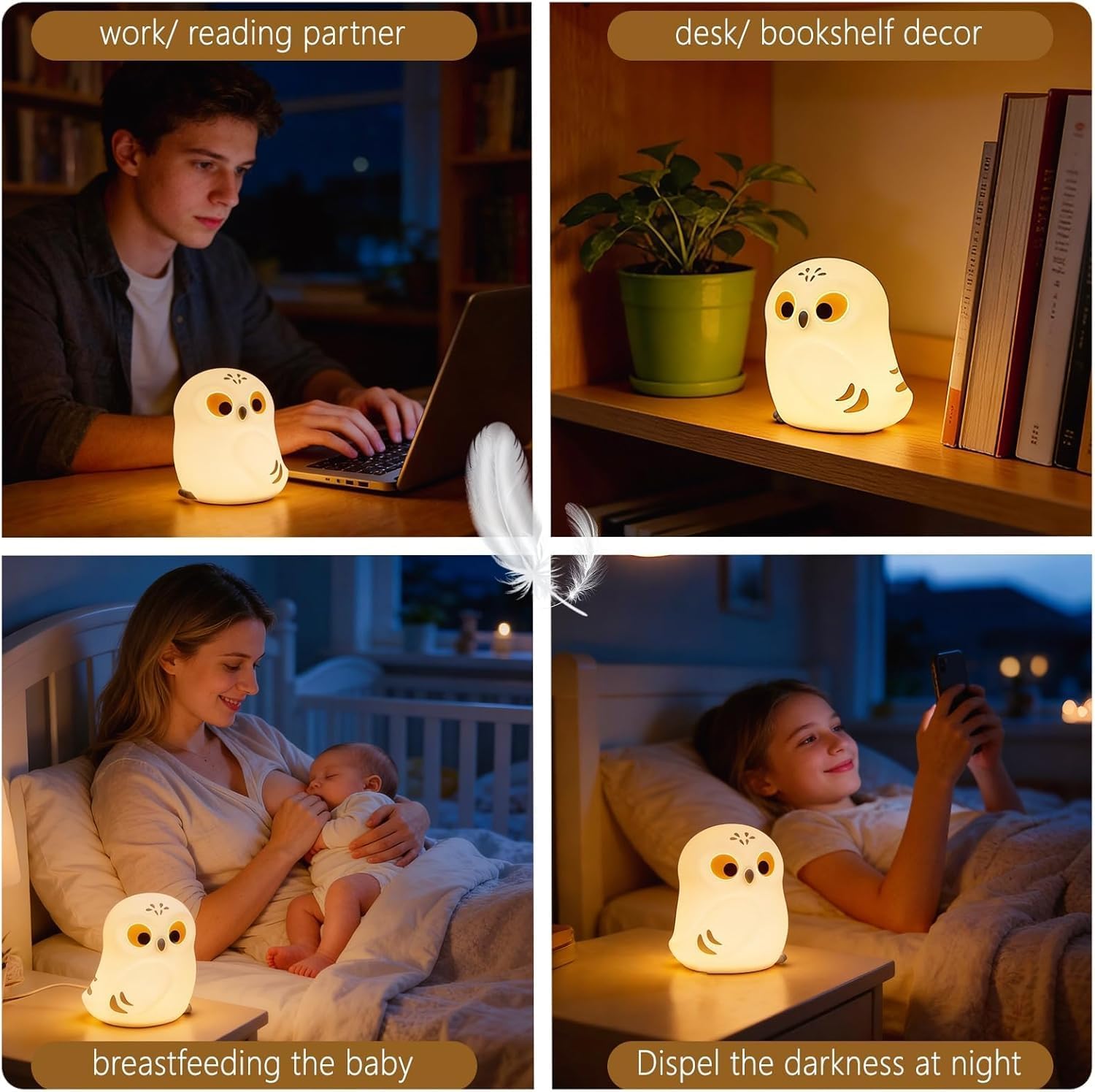 Cute White Owl Night Light for Kids, Squishy Lamp Owl Gifts, Rechargeable Dimmable LED Bird Nightlight, Nursery College Dorm Décor, Funny Foldable Box to Display House, Safe Silicone Baby Toy