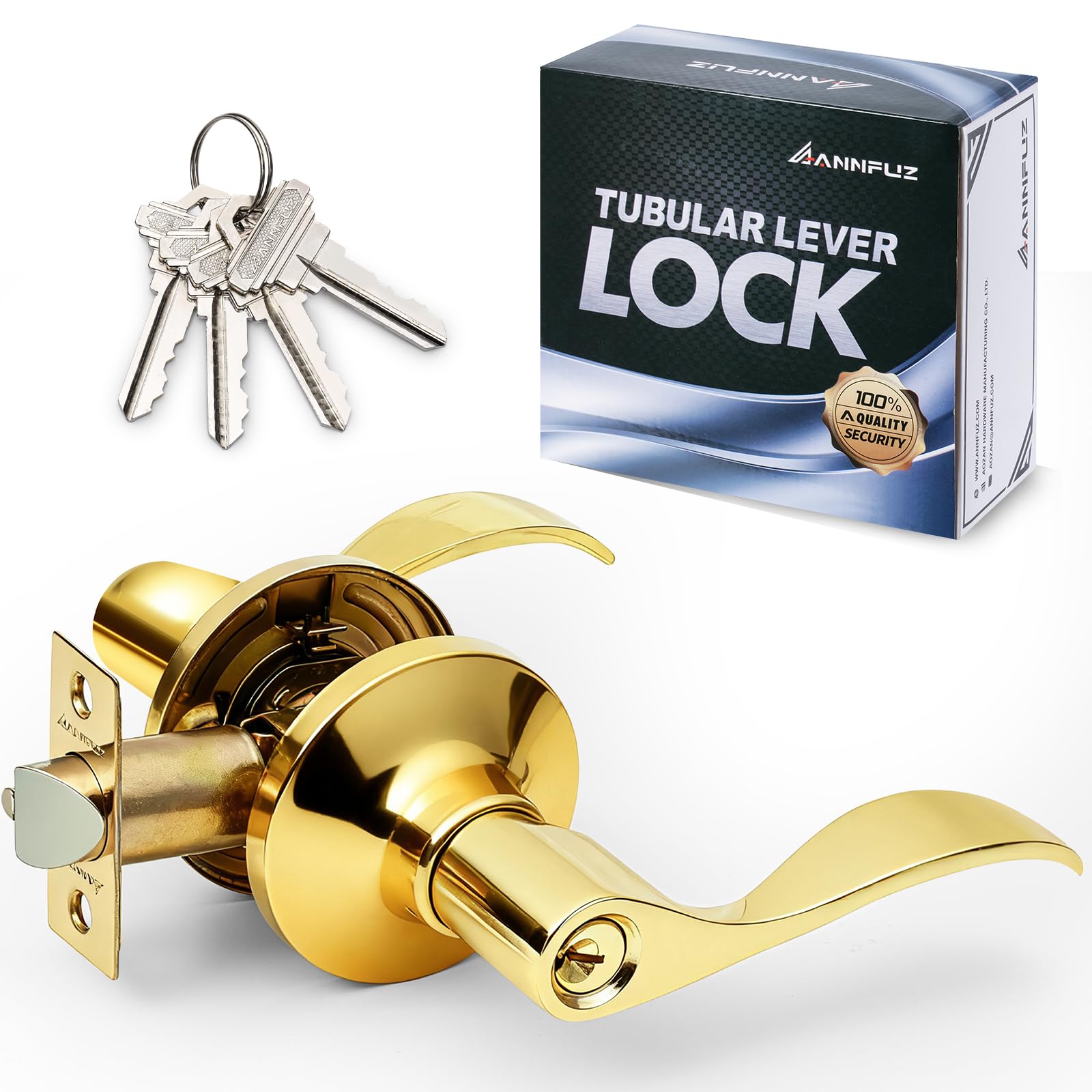 Annfuz Gold Entrance Door Handle Lock With Keys,Reversible For Right & Left Side,Not Keyed Alike Entry Lever Lock,Turn-Thumb Locking,Perfect For Office,Interior Exterior Front Door,Bedroom (Entry, )