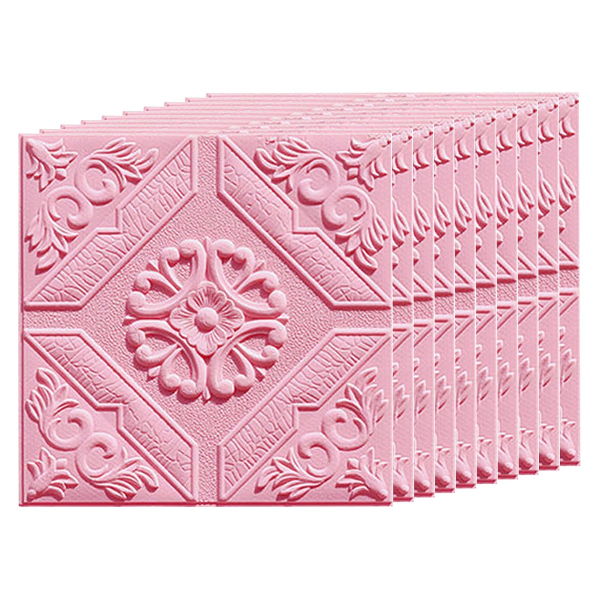 10 Tiles 3D Self Adhesive Foam Wall Panels Peel Stick Flower Wallpaper Wall Stickers 0.19" Thick for Home DIY Decoration, Pink
