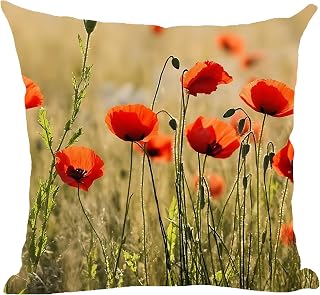 Ramirar Watercolor Red Poppy Flowers Retro Green Yellow Background Decorative Throw Pillow Cover Case Home Living Room Bed Sofa Car Cotton Linen Square 18 x 18 Inches