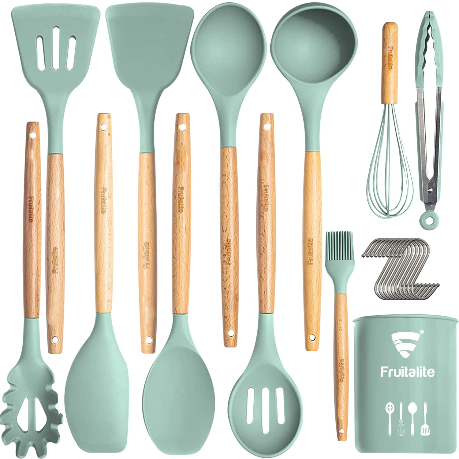Fruitalite Silicone Kitchen Utensils Spoon Spatula Cooking Set of 13 Pcs | Non-Stick with Wooden Handle- BPA Free, Heat Resistant, Flexible Non Toxic Silicon Cookware Tools with Holder- Mint Green