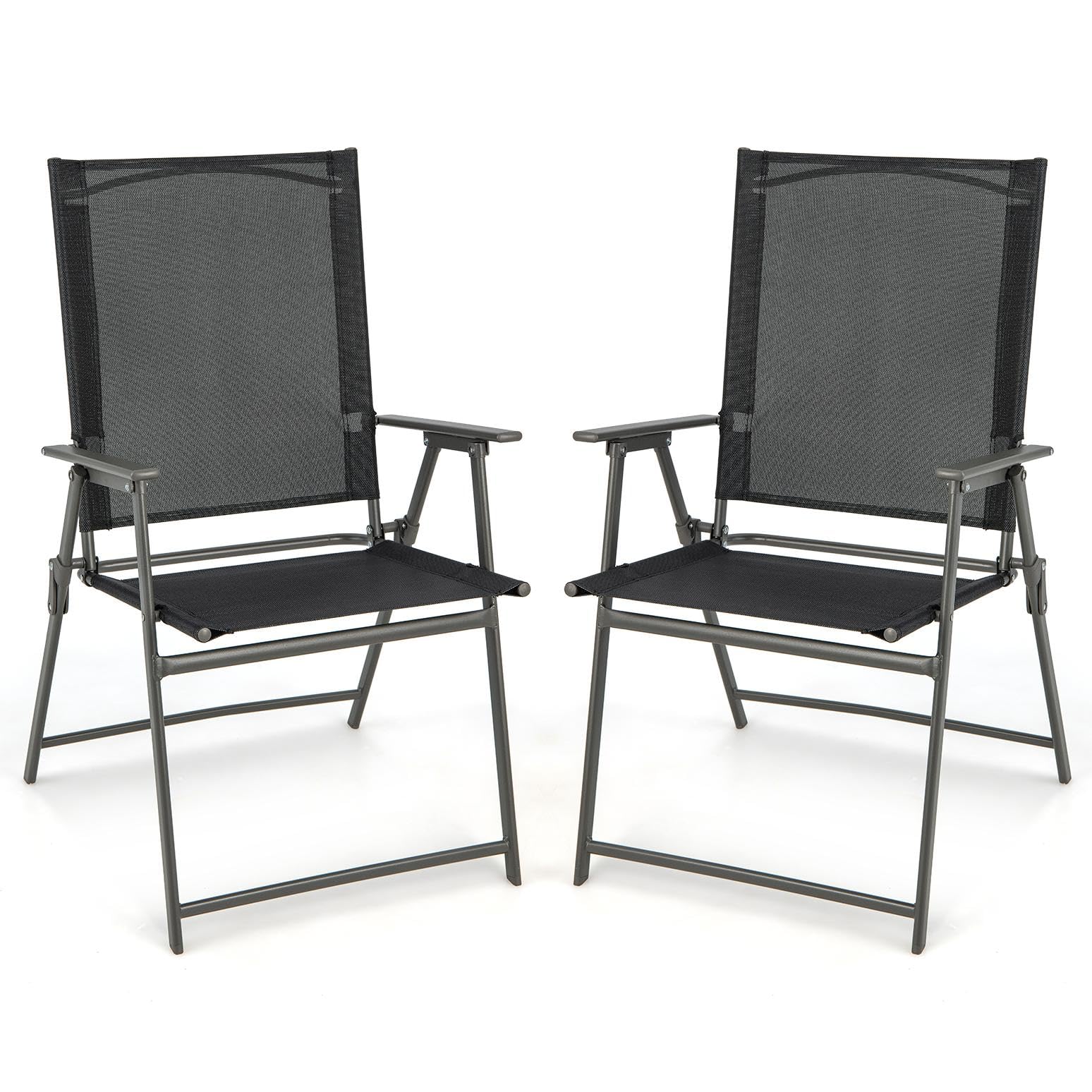 TANGZON Folding Garden Chairs Set of 2/4, Outdoor Dining Chairs with Backrest, Armrests & Breathable Fabric Seat, Metal Frame Deck Camping Chair for Patio Backyard Balcony Lawn Poolside (2 pcs, Black)