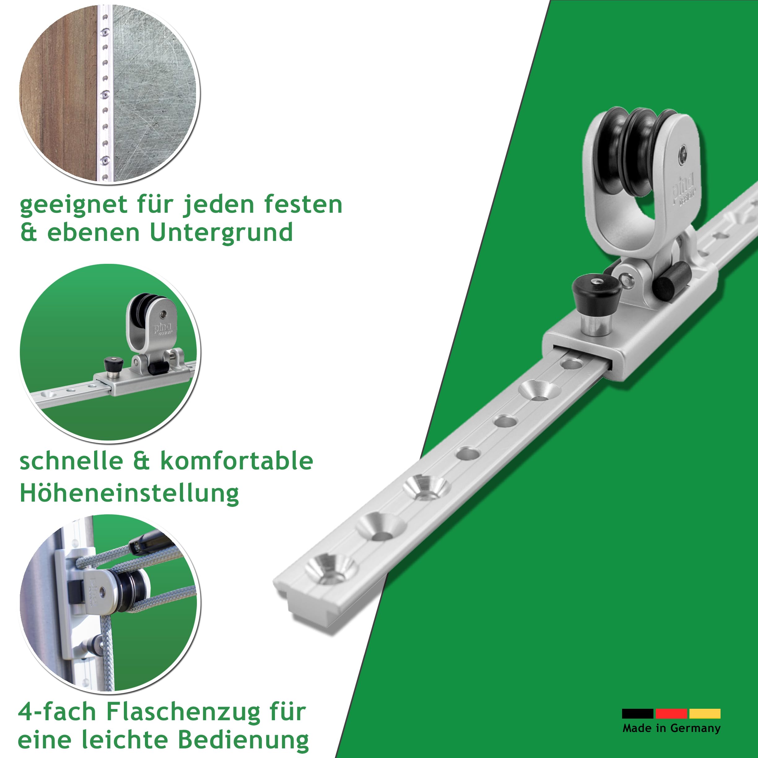 Höheneinstellung: Set für Sonnensegel - Masten, Stangen & Pfosten, 4-Fach Flaschenzug/Seilzug: extra zugstarkes Befestigungsset für Sonnensegel (mit V2A-Blindnieten)