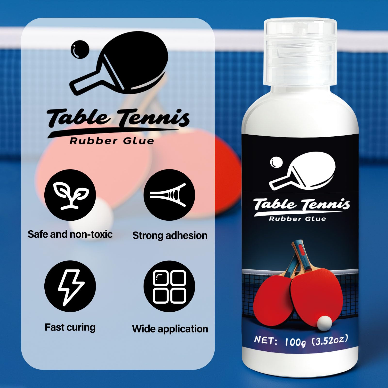 Colle de tennis de table de 100 ml, parfaite pour assembler une raquette de tennis de table, en caoutchouc, livrée avec 4 éponges