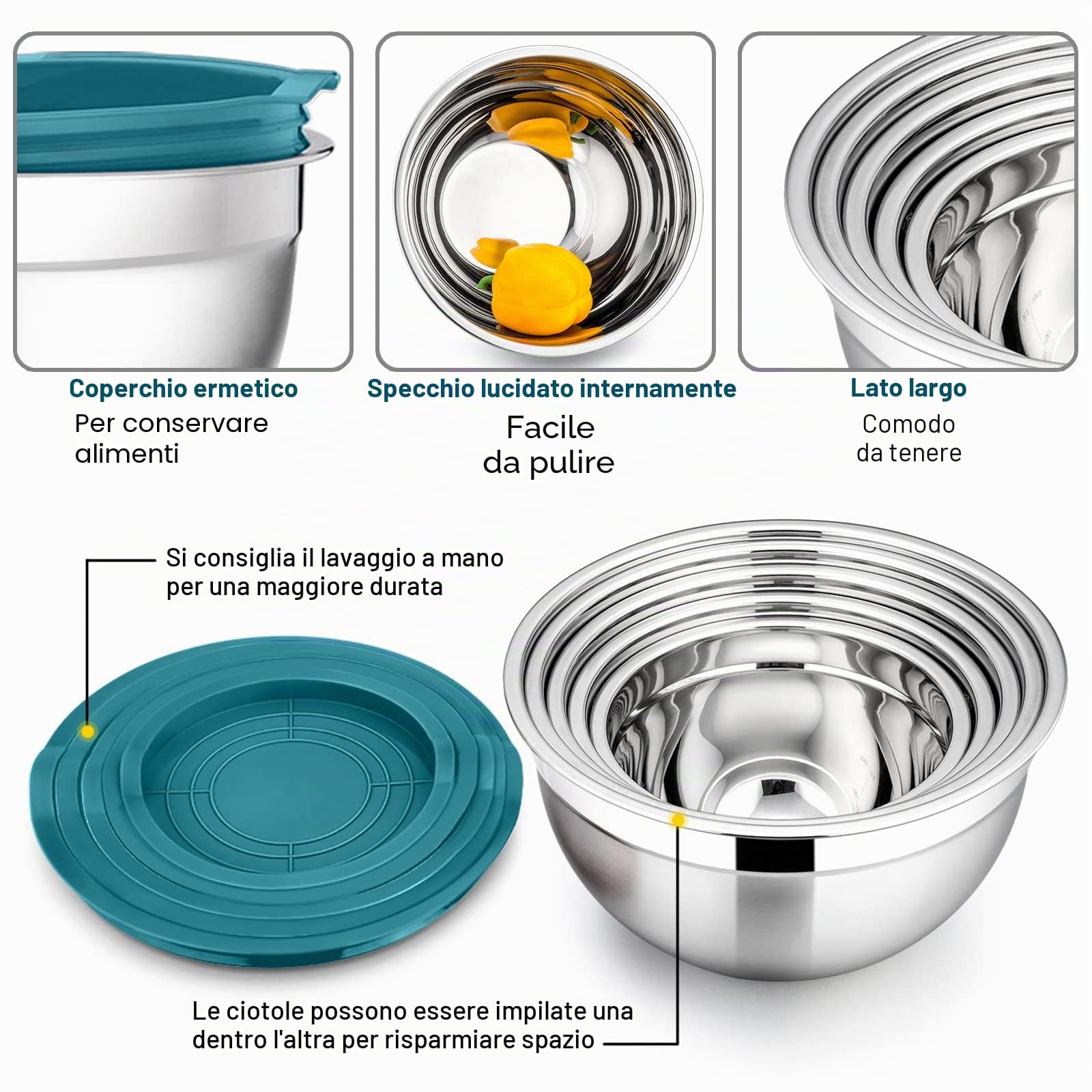HaWare Set di 5 ciotole per insalata 100% acciaio inox con coperchio ermetico 45 l 15 l 12 l 07 l ideali per cucinare cuocere e conservare impilabili e lavabili in lavastoviglie colore Blu
