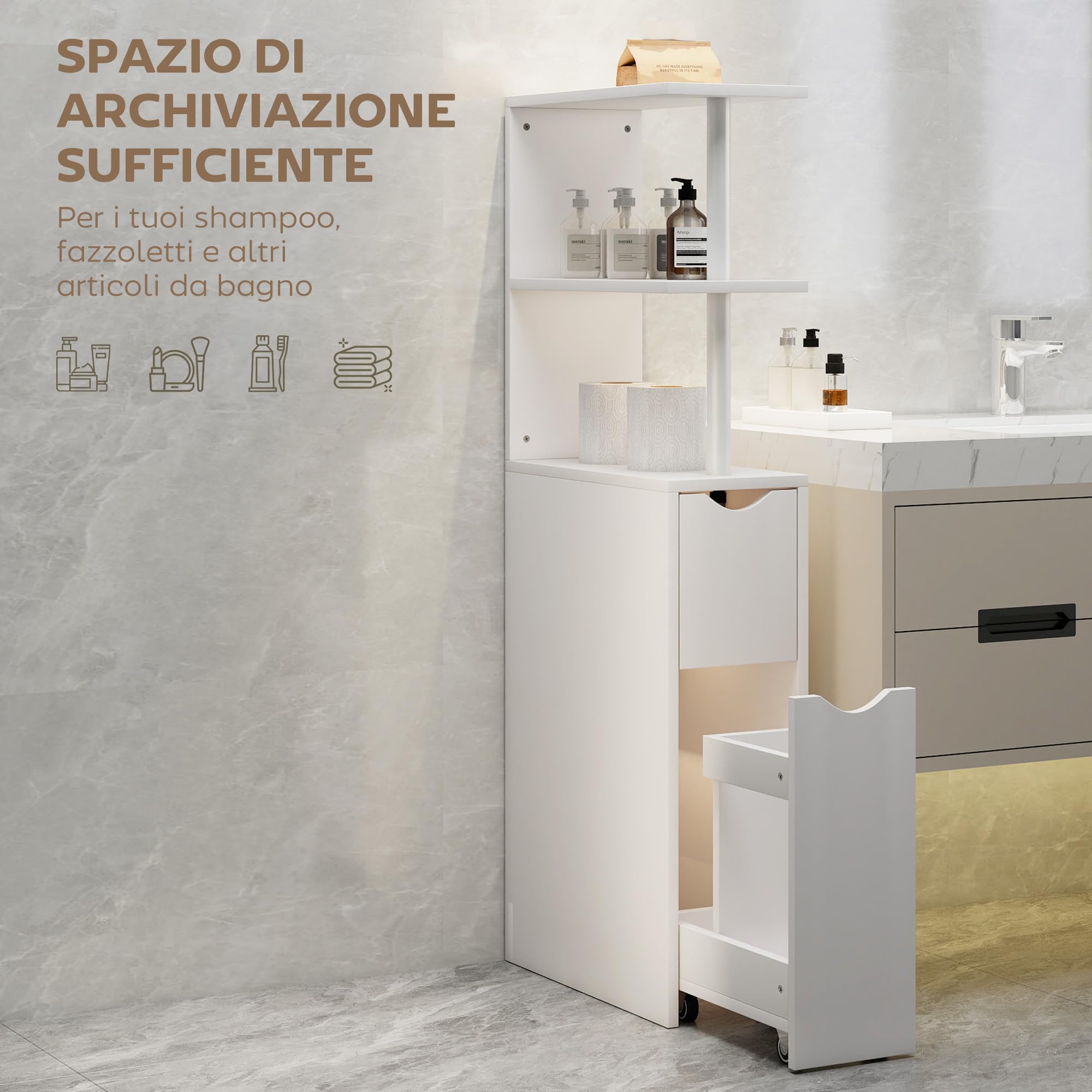 HOMCOM Mobile Bagno Slim, con Cassetti e Ripiani, 20x45x115 cm Bianco | Mobiletto Bagno Salvaspazio, con Cassetto e Rotelle, Colonna per Sala da Pranzo Soggiorno