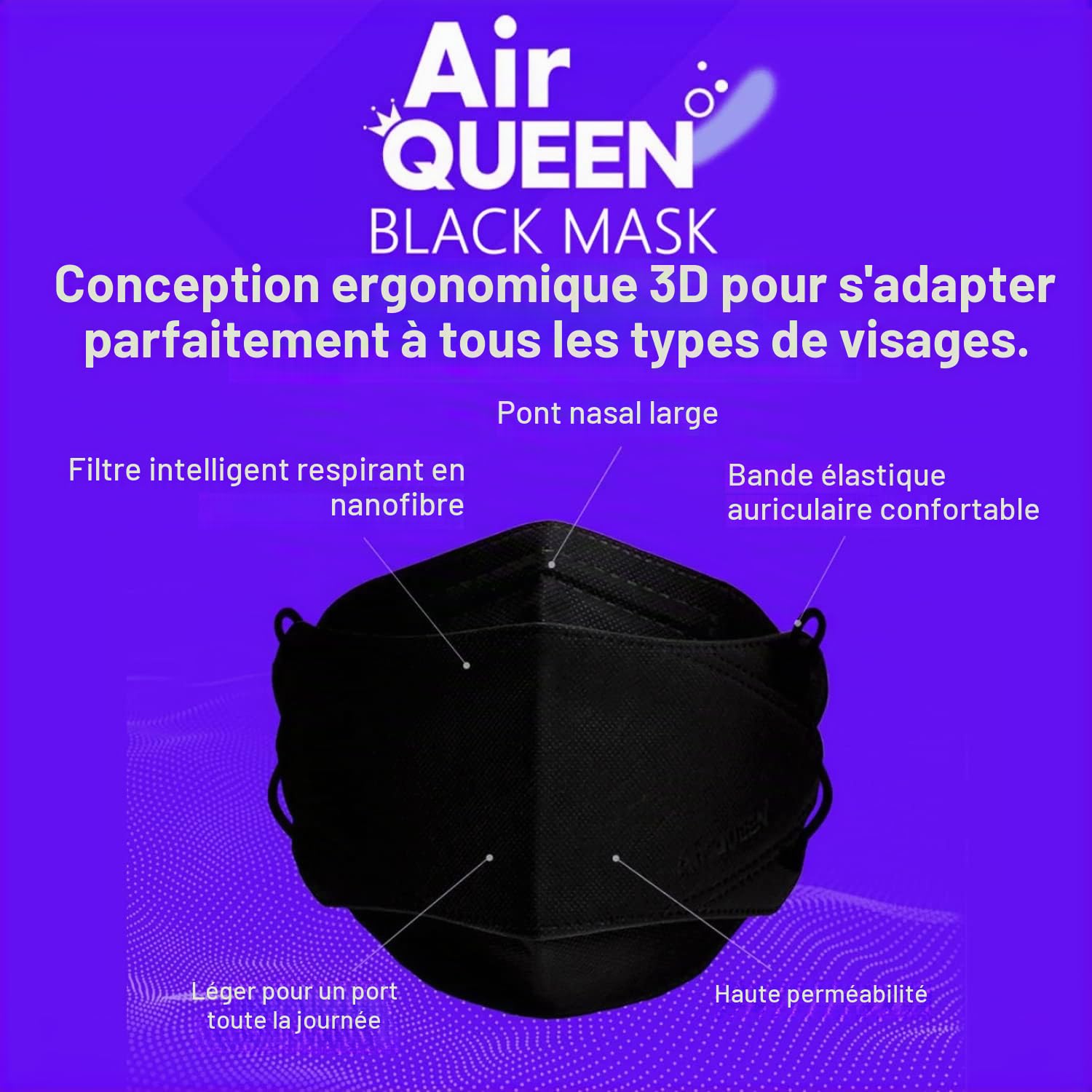 Masque facial à 3 couches avec nano-filtre AIRQUEEN pour adultes, noir, lot de 30, masque facial léger et respirant, masque facial réutilisable