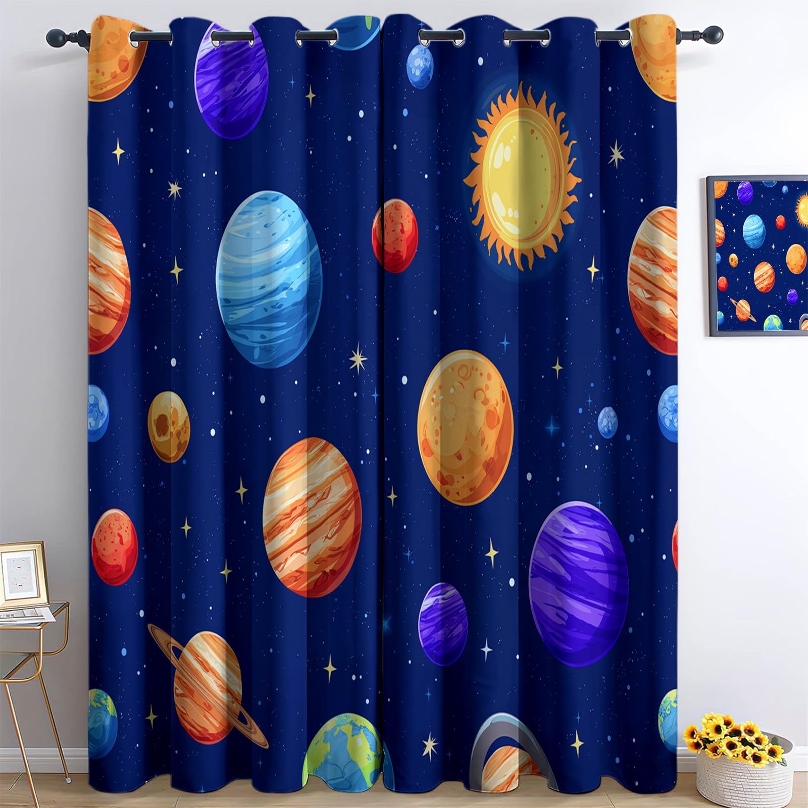 Générique Zasłony izolowane termicznie, 140 L x 260 H cm, zestaw 2 zasłon z kreskówkowym systemem słonecznym, z przelotkami, zaciemniające, redukcja hałasu, do sypialni i salonu, granatowe