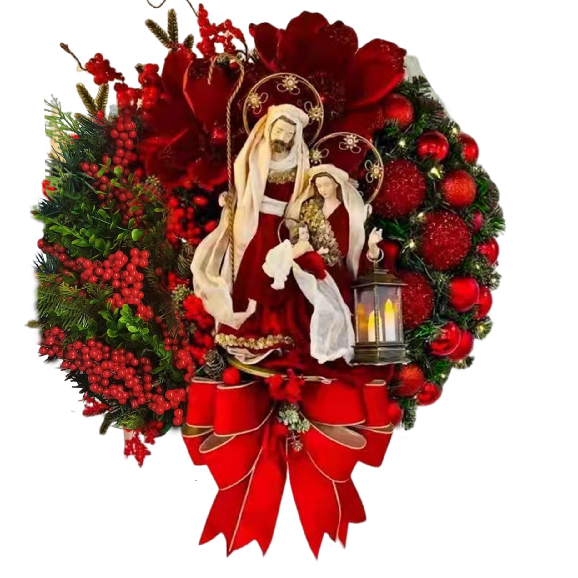 Christmas Wreath 16inch Artificial Light Up Jesus Flower Red Berries Wreath with Mixed Leaves Hanging Round Christmas Wreaths for Front Door Window Wall, Wreaths for Front Door