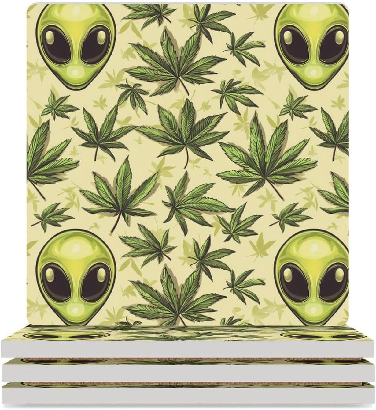 Aliens-Weed Leaf Coasters for Drinks Square Table Coasters Set Cup Mats with Cork Base