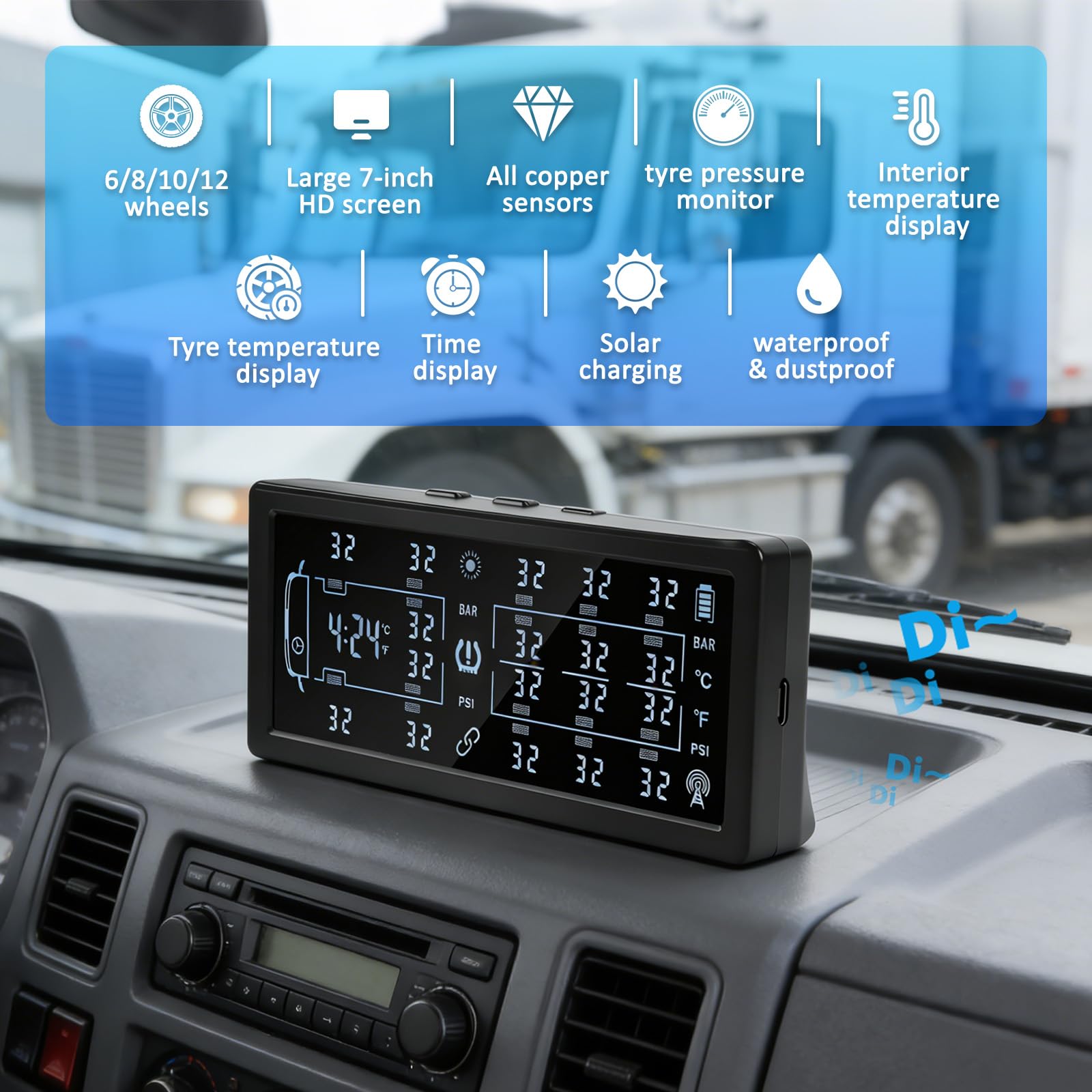13Bar/199Psi TPMS Sistema di Monitoraggio della Pressione Controllo degli Pneumatici per Camion con 12 Sensori di Pressione dei Pneumatici Esterni per 10/12 Ruote Van Trattore Camion Pesante