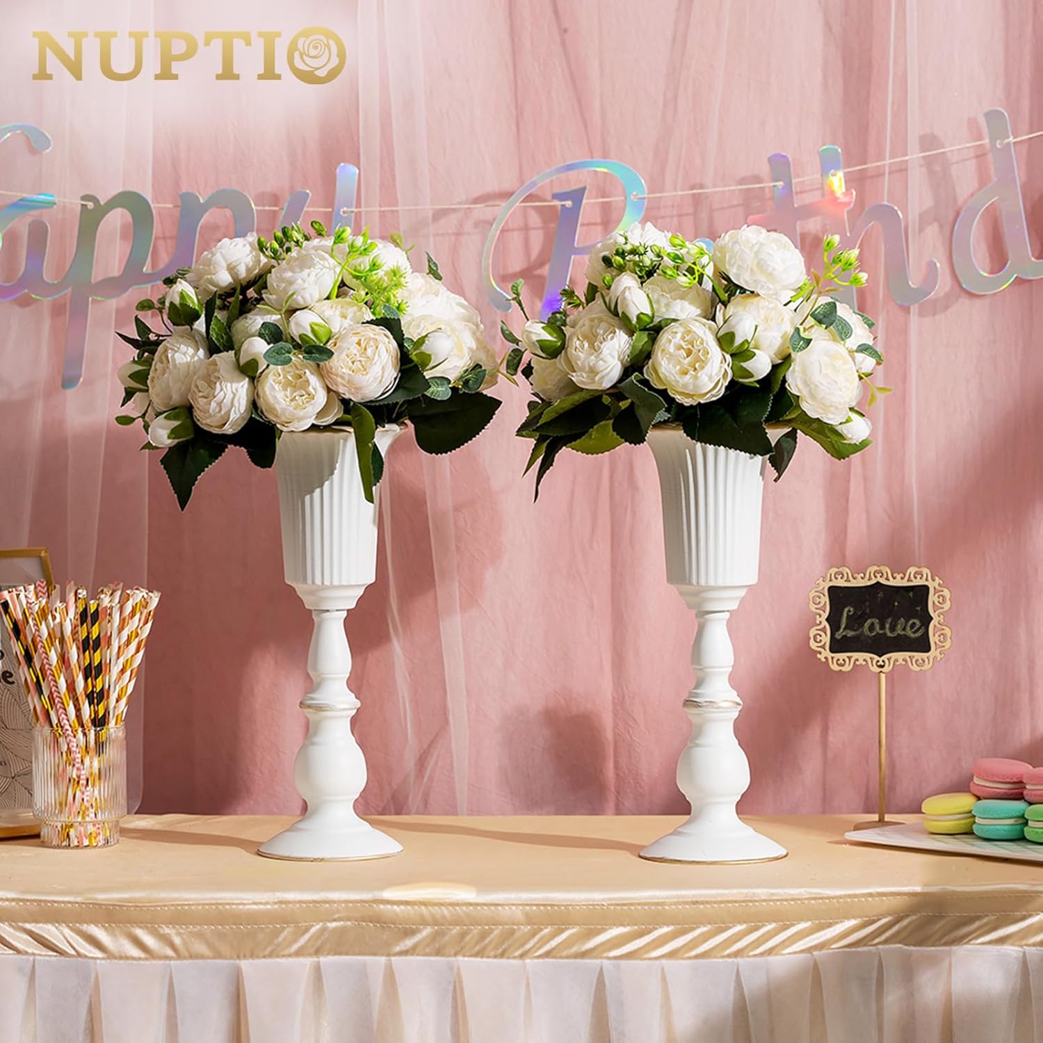 Nuptio 2 Pcs Metal Flower Vase White Table Decorative Centerpiece, Elegant Wedding Centerpieces Vase for Party Anniversary Ceremony Decoration, 31.9cm Tall Artificial Flower Arrangements