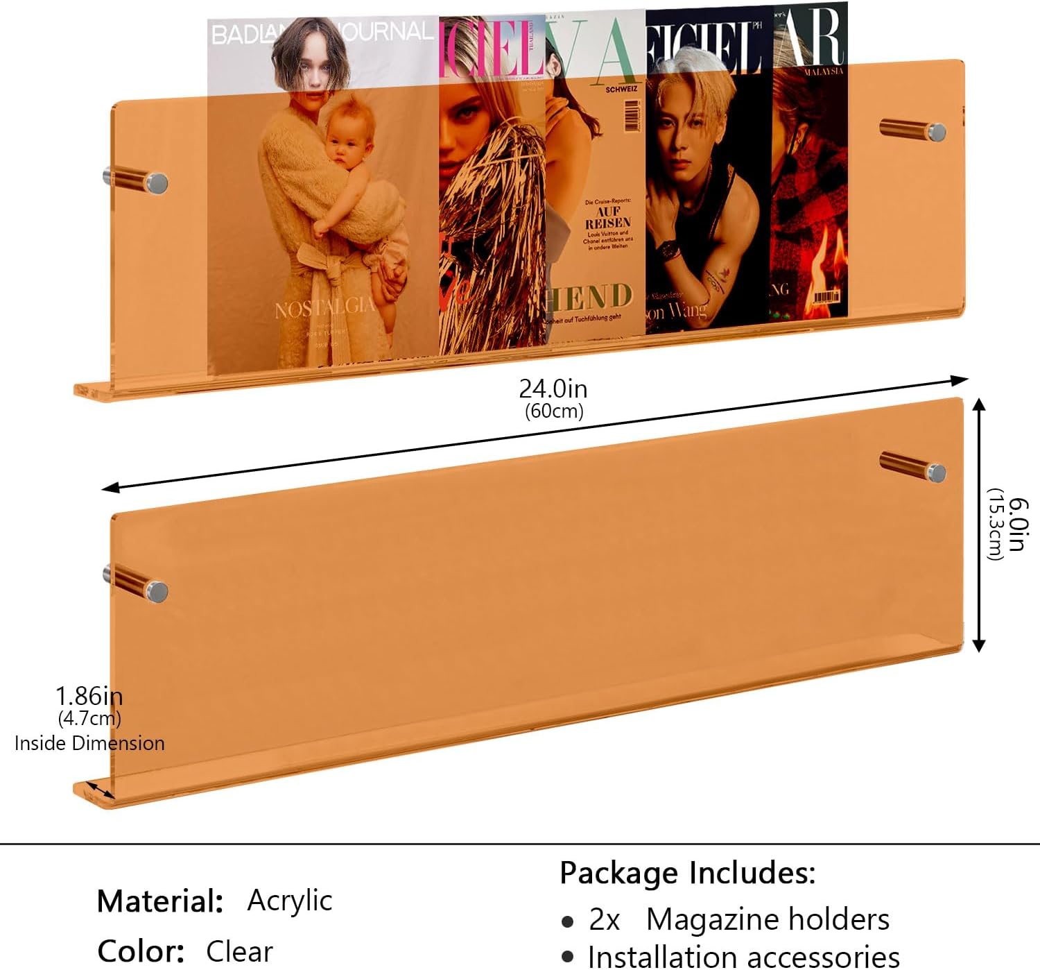2 Pack Acrylic Magazine Holder, Wall Mounted Magazine Rack Floating Bookshelf for Waiting Room, Living Room, Office, Home (Orange, 24 Inch)