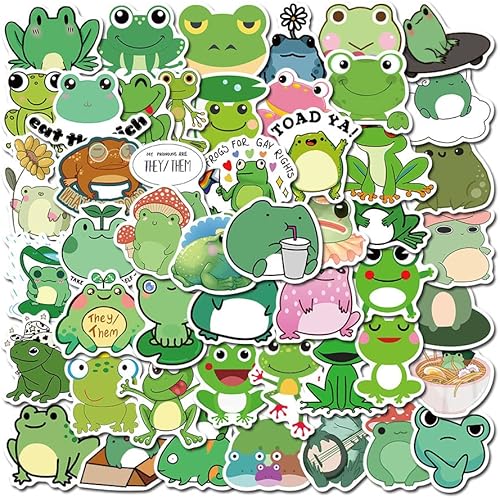 Calcomanías de rana paquete de 50 calcomanías de rana divertidas calcomanías de vinilo estético impermeable para botellas de agua laptop guitarra