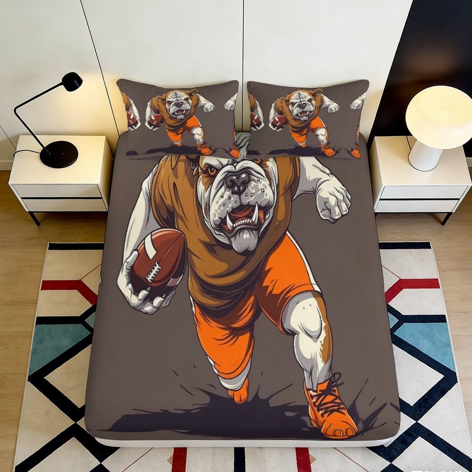 3D Printed Bulldog Football Fitted Sheet Microfiber Soft Breathable Sports Cartoon Bed Cover for Bedroom Dorm Decor 90x200x25cm