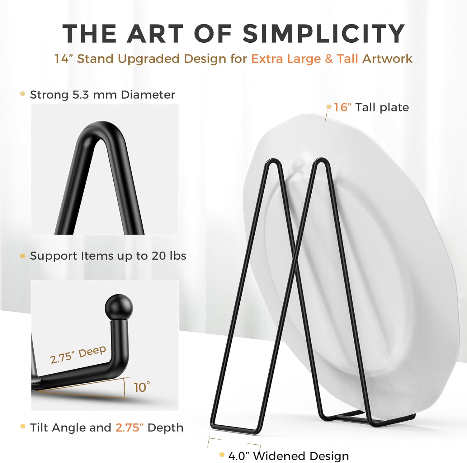 tr-life 14 inch heavy duty plate stand (2 pack) - metal display easel for large plates, platters, picture frames, signs, and posters