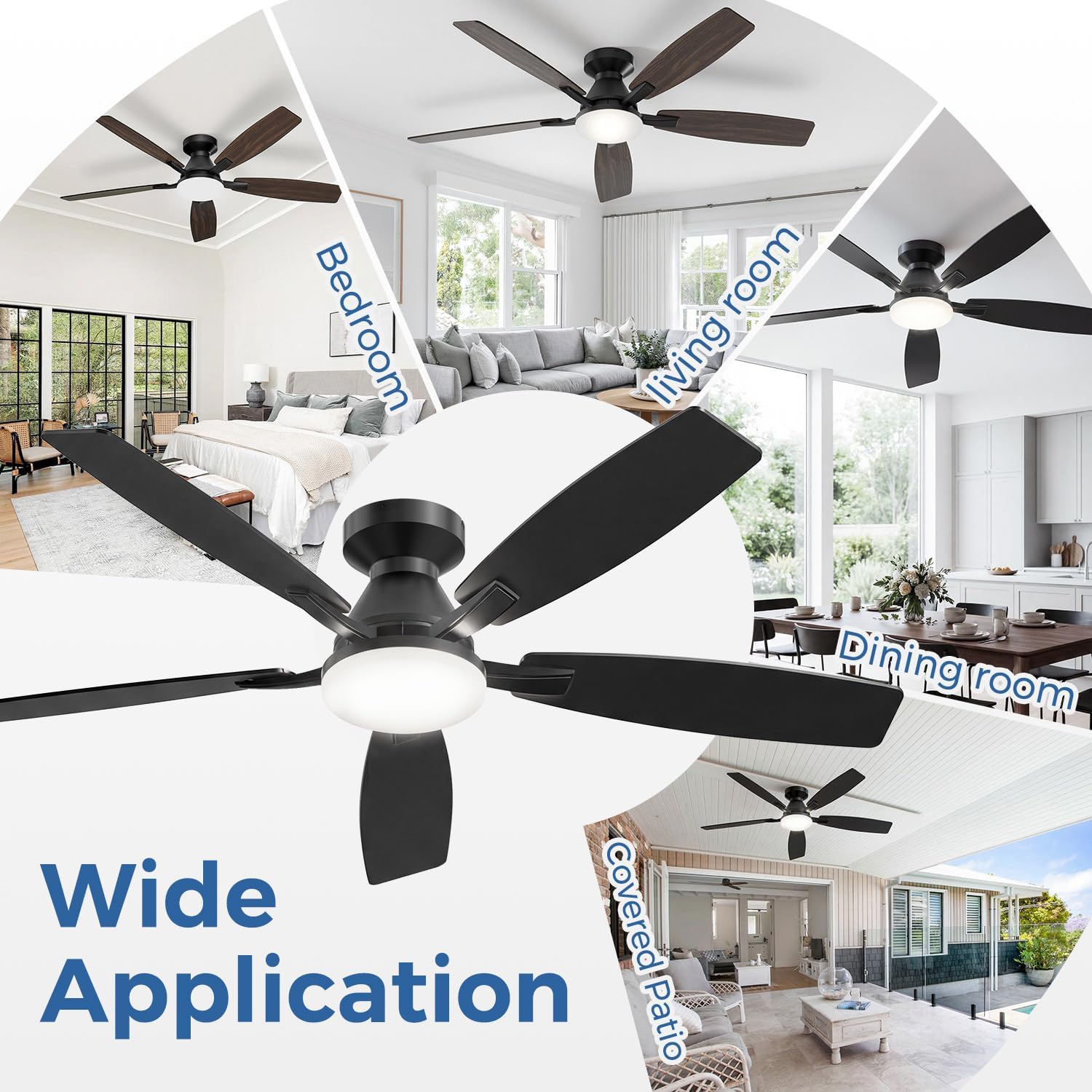 52 Inch Ceiling Fans with Lights, Remote & App Control, Quiet Reversible DC Motor, 6 Speeds, Dimmable 3CCT LED Light, Low Profile Flush Mount Ceiling Fan for Bedroom Living Room, Black