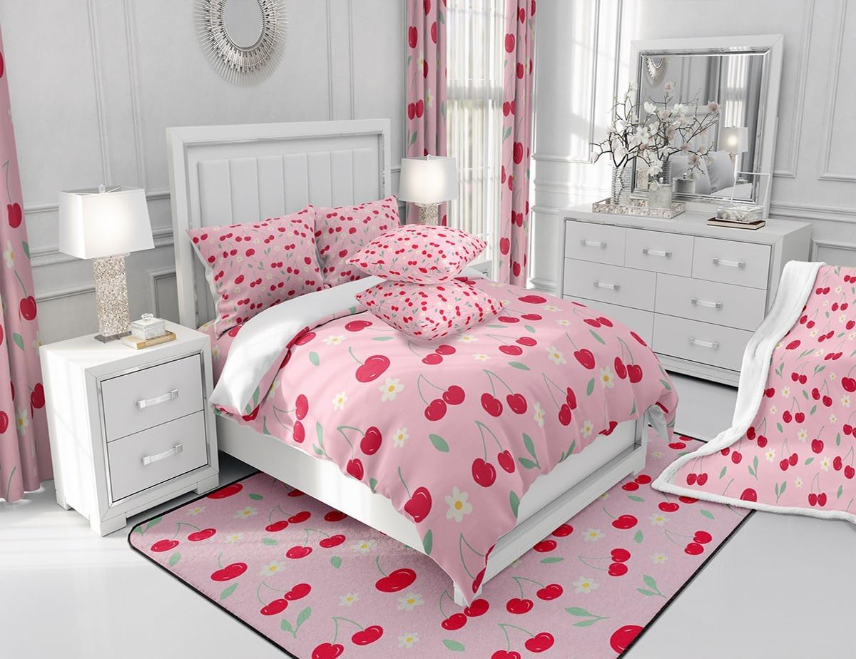 Feelyou Cherry Fleece Throw Blanket Fruits Sherpa Blanket for Kids Boys Girls Green Leaves Plush Blanket Pink and Red Fuzzy Blanket for Sofa Bed Couch,Twin 60X80 Inches