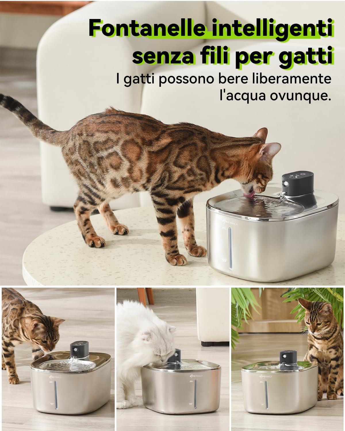 Fontana per Gatti Senza Fili con Rilevatore di Movimento, APETDOLA 4L Fontanella in Acciaio Inossidabile Cordless con Batteria 4000 mAh, Fontana Ultra Silenziosa per Gatti FS10pro (Nero, 1 filtri)