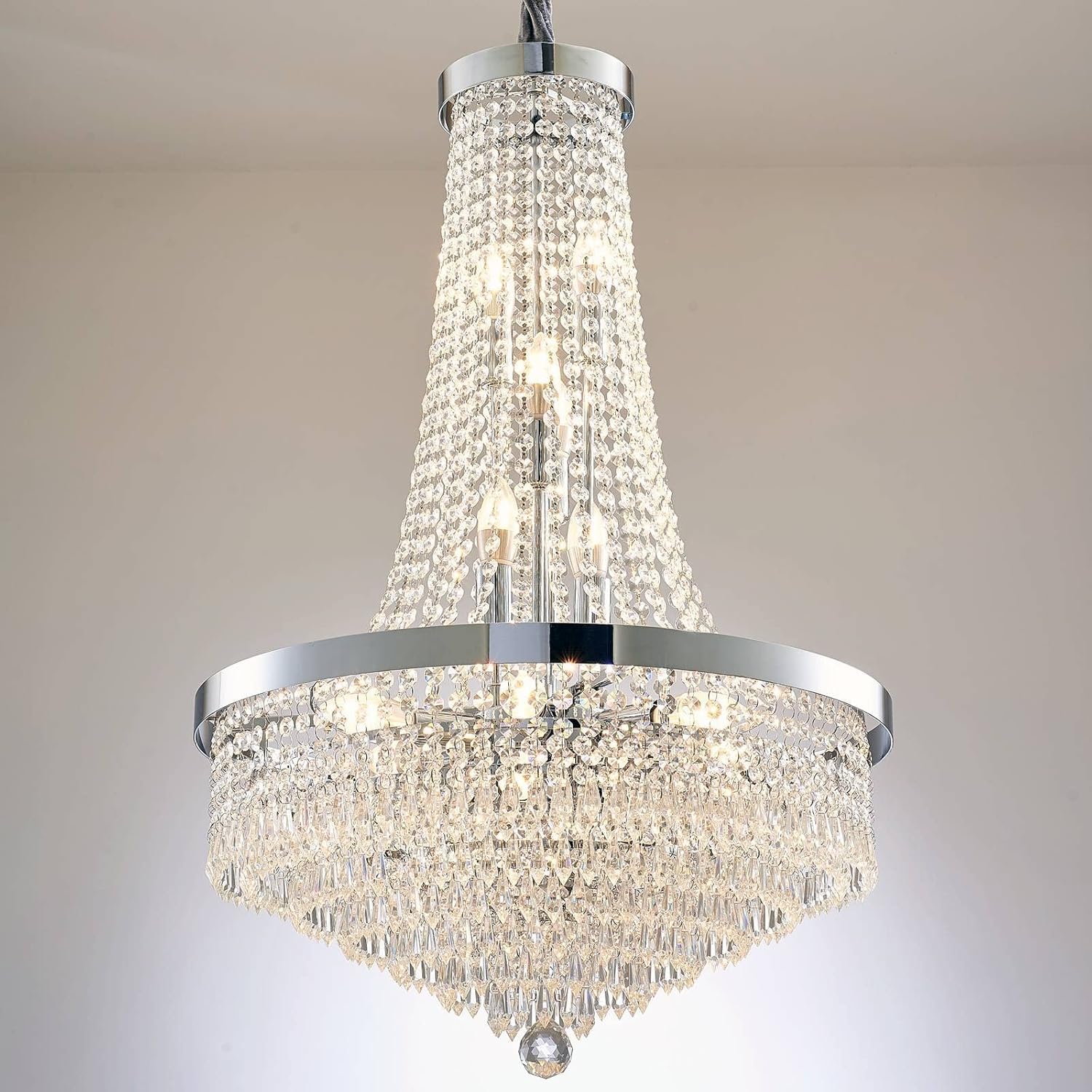 BEIRIO 14-Lights Luxury Chrome Finish Classic Empire Style Rain Drop K9 Crystal Chandelier Ceiling Light Fixture for Living Room Foyer Dining Room Kitchen Island Hallway Bedroom (W22 × H33 inch) 14 lights-Chrome