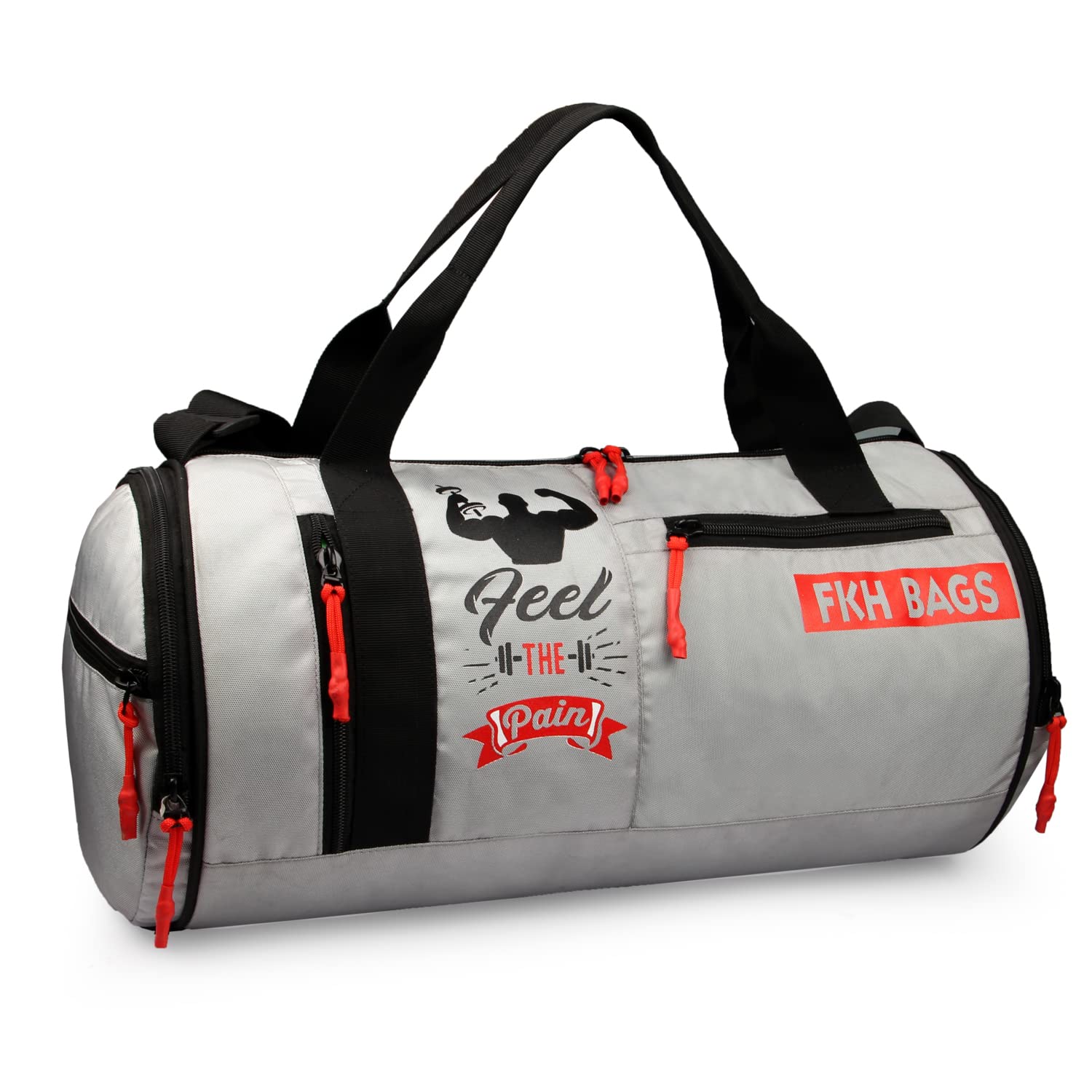 Feel The Pain Gym Bag Men & Women Multicolored Sports Compartment Adjustable Shoulder for Men/Carry Accessories/Fitness Bag/Sports &Travel Bag/Gym kit (Light Grey & RED)-image-43