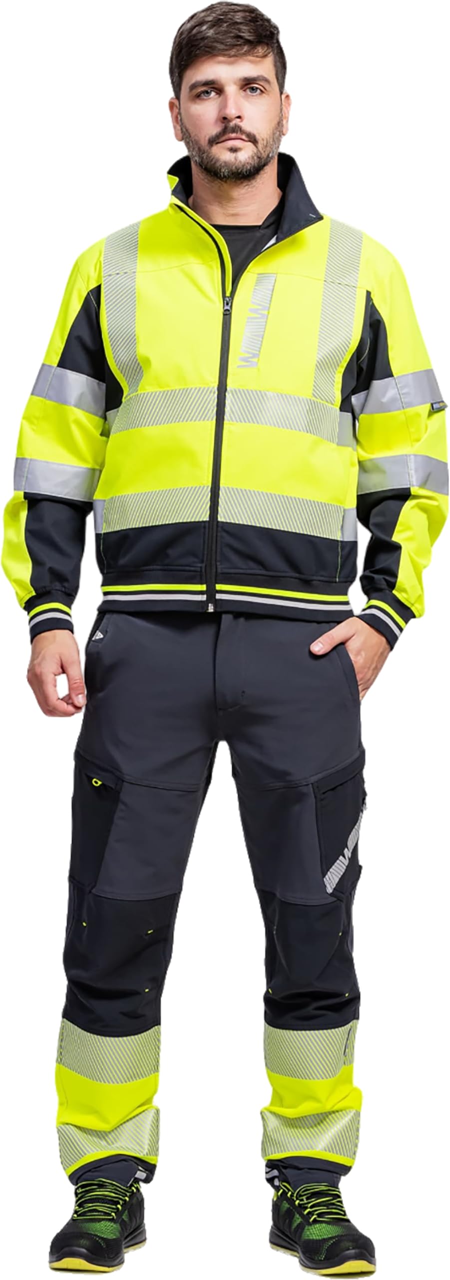 WORKTEAM Cazadora Softshell Alta Visibilidad, Chaqueta Ligera con Cintas Reflectantes Segmentadas, Interior Técnico Transpirable, Puños y Bajo Elásticos, Ropa Laboral Unisex