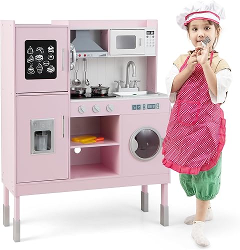 HONEY JOY Juego de cocina rosa para niños, cocina de madera para niños pequeños, microondas, utensilios de cocina, lavadora, campana extractora,