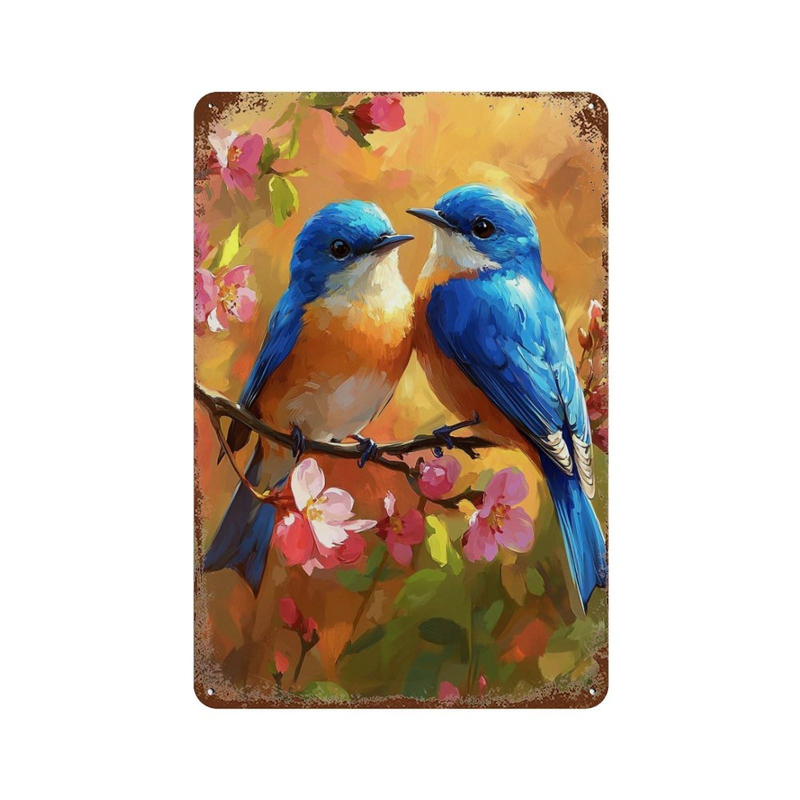 Spring Birds in Bloom Aged Metal Wall Plaque 11.8"x7.9", for Pub, Kitchen And Man Cave Decor, Decorative Metal Wall Art