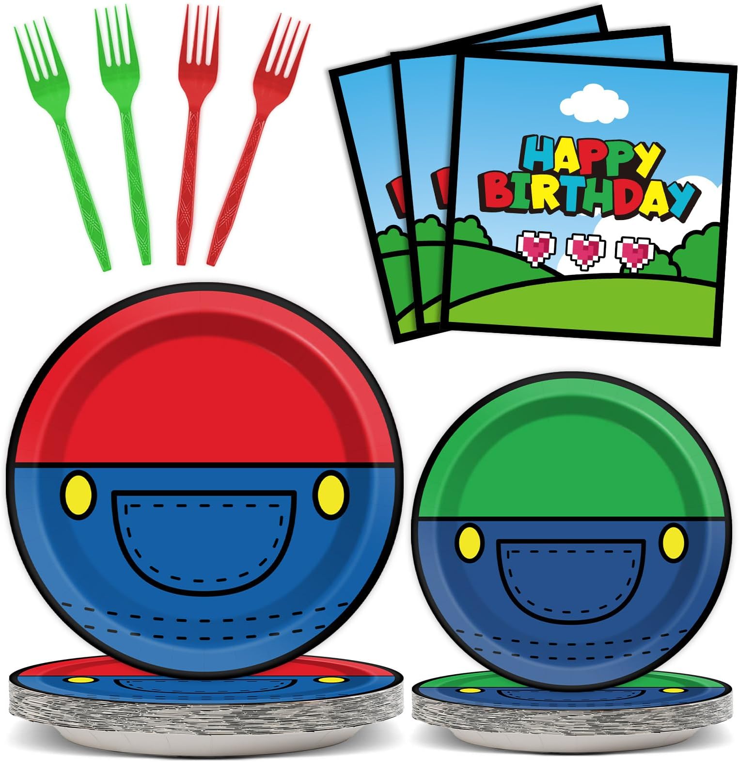 96 Pcs Super Brother Party Supplies Set Super Brother Plates Super Video Games Tablewear and Napkins Forks Super Bros Birthday Party Decorations for Kids Baby Shower Serves 24