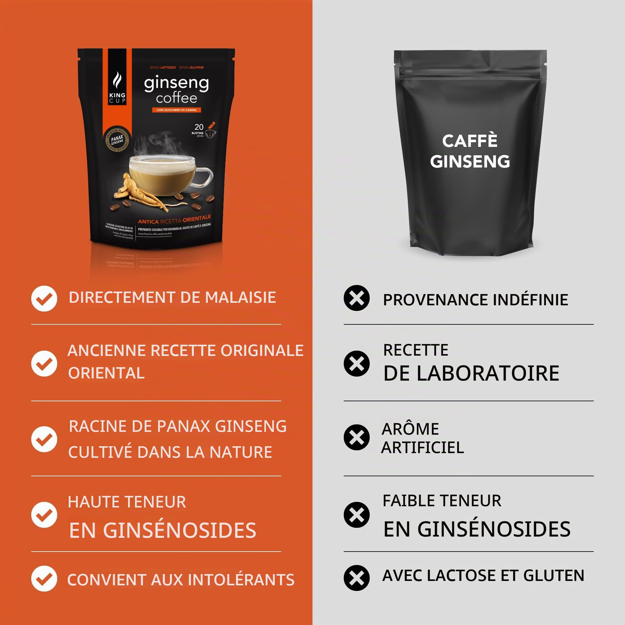 King Cup - 3 Paquets de 20 Sachets Solubles de Ginseng au Sucre de Canne, 60 Stick de 20 Gr pour Boisson Aromatisée Ginseng à Ajouter à Eau Chaude, Sans Gluten et Sans Lactose