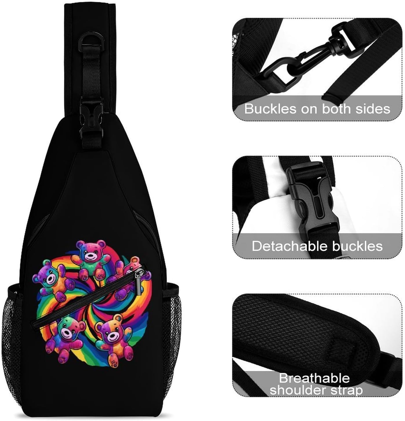 Tie-Dye Candy Bears Men Crossbody Sling Backpack Chest Bag | Travel Fanny Pack,Hiking Daypack,Print Shoulder Bags