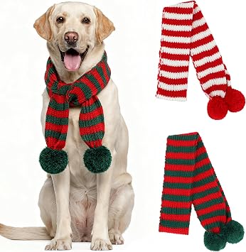 YUEPET 2 Pcs Striped Knitted Dog Christmas Scarf Red Green Dog Santa Scarves with Pompom Ball, Christmas Bandanas for Male Female Medium Large Dogs, Winter Neck Warmer for Pets