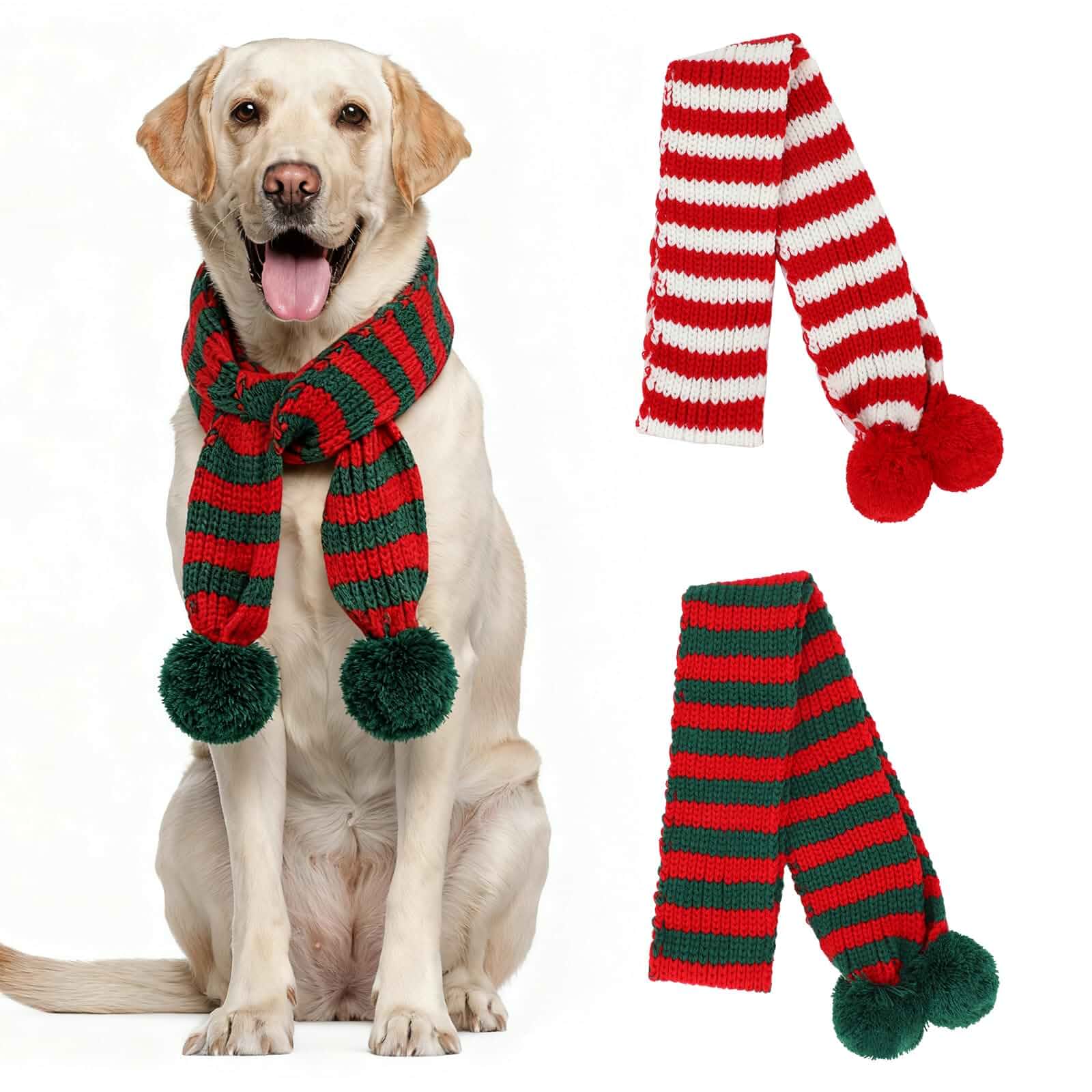 YUEPET Dog Christmas Scarf 2 Pcs, Red Green Striped Knit Pompom Large Dogs 47.2 x 3.3", Red Green Bandana Set, Soft Stretchy Knit, Pompom Ends for Photos, Washable Neck Warmer, Medium to XL Dogs