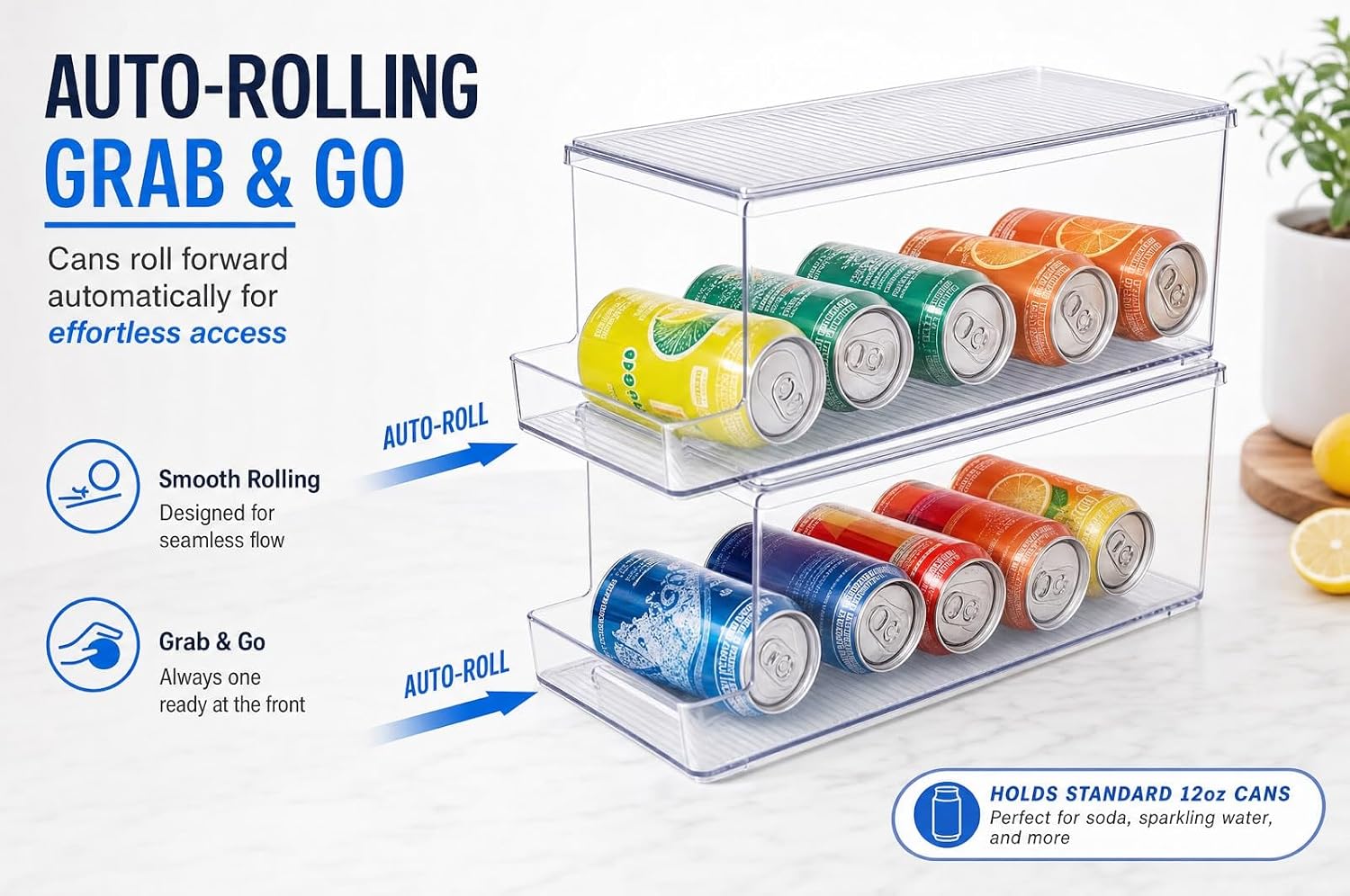 N'SAMBA 2 Pack Stackable Soda Can Organizer for Refrigerator with Lid, Holds 20 Standard 12 Oz Cans Total, Auto Rolling Can Dispenser for Fridge, Clear BPA-Free Drink Organizer