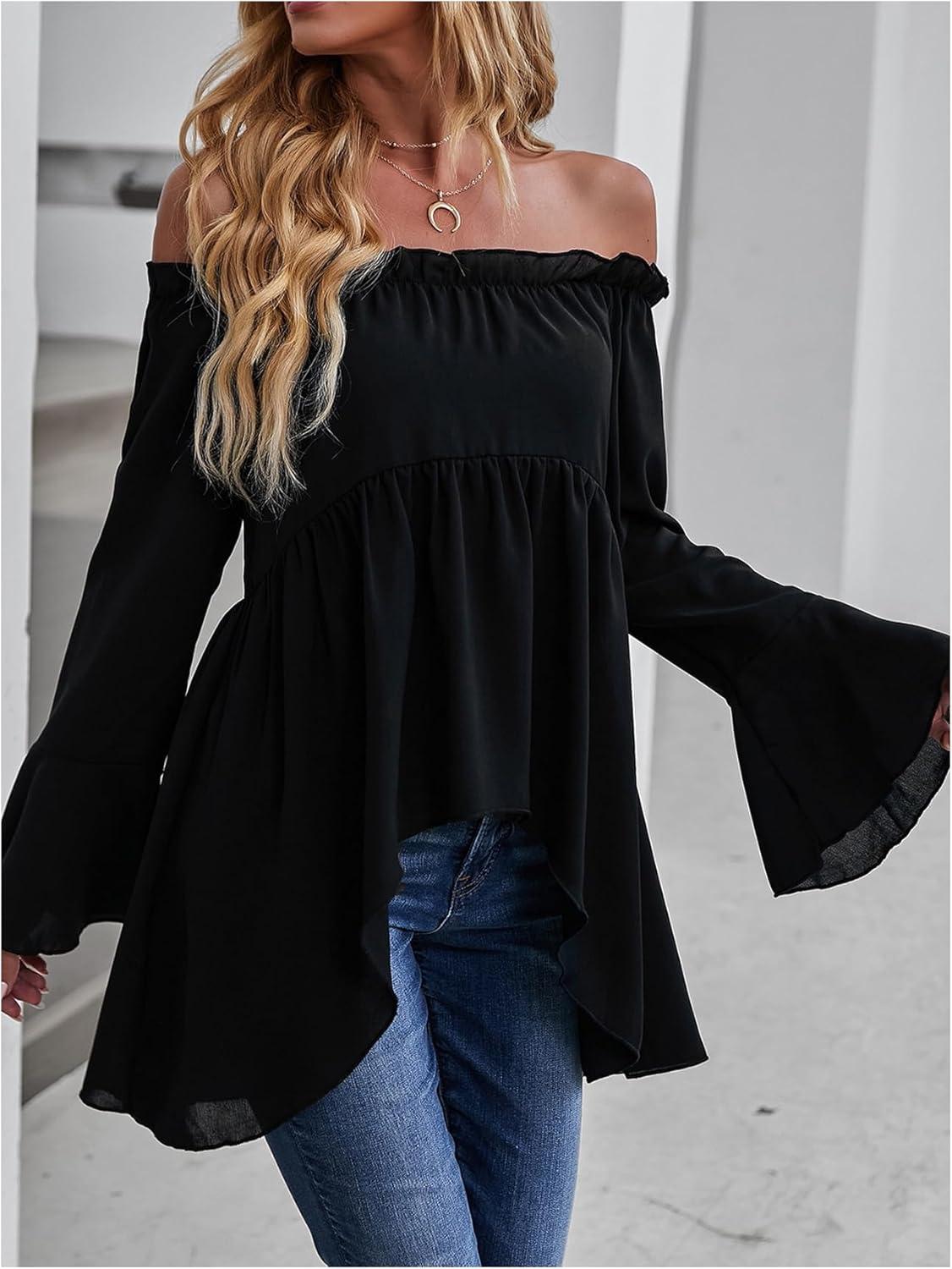 WDIRARA Women's Off The Shoulder Long Flounce Sleeve Blouse Ruffle High Low Peplum Top - Image 5